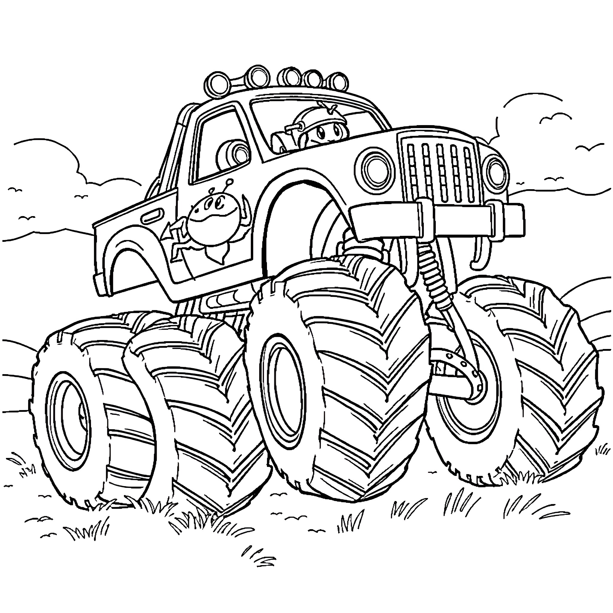 Monster Truck Driving Through the Countryside Coloring Page (free black-and-white line drawing printable PDF for all, from beginners to advanced learners, including children, teens, adults, and seniors)