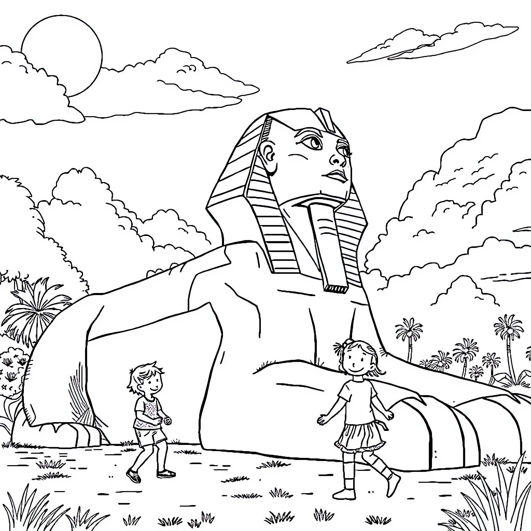 Kid exploring ancient Egyptian sphinx in desert landscape Coloring Page (free black-and-white line drawing printable PDF for all, from beginners to advanced learners, including children, teens, adults, and seniors)
