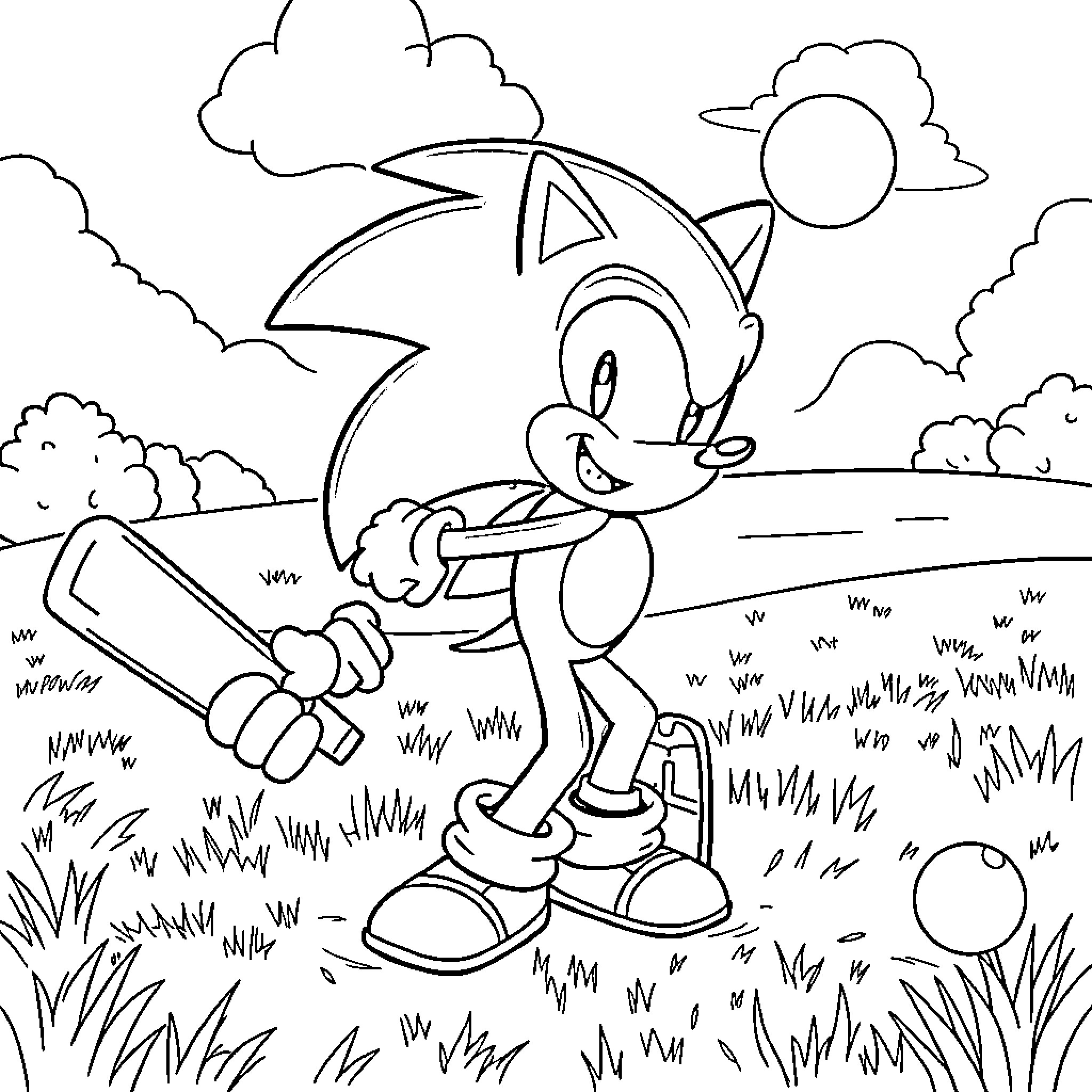 Sonic running through a grassy field Coloring Page (free black-and-white line drawing printable PDF for all, from beginners to advanced learners, including children, teens, adults, and seniors)