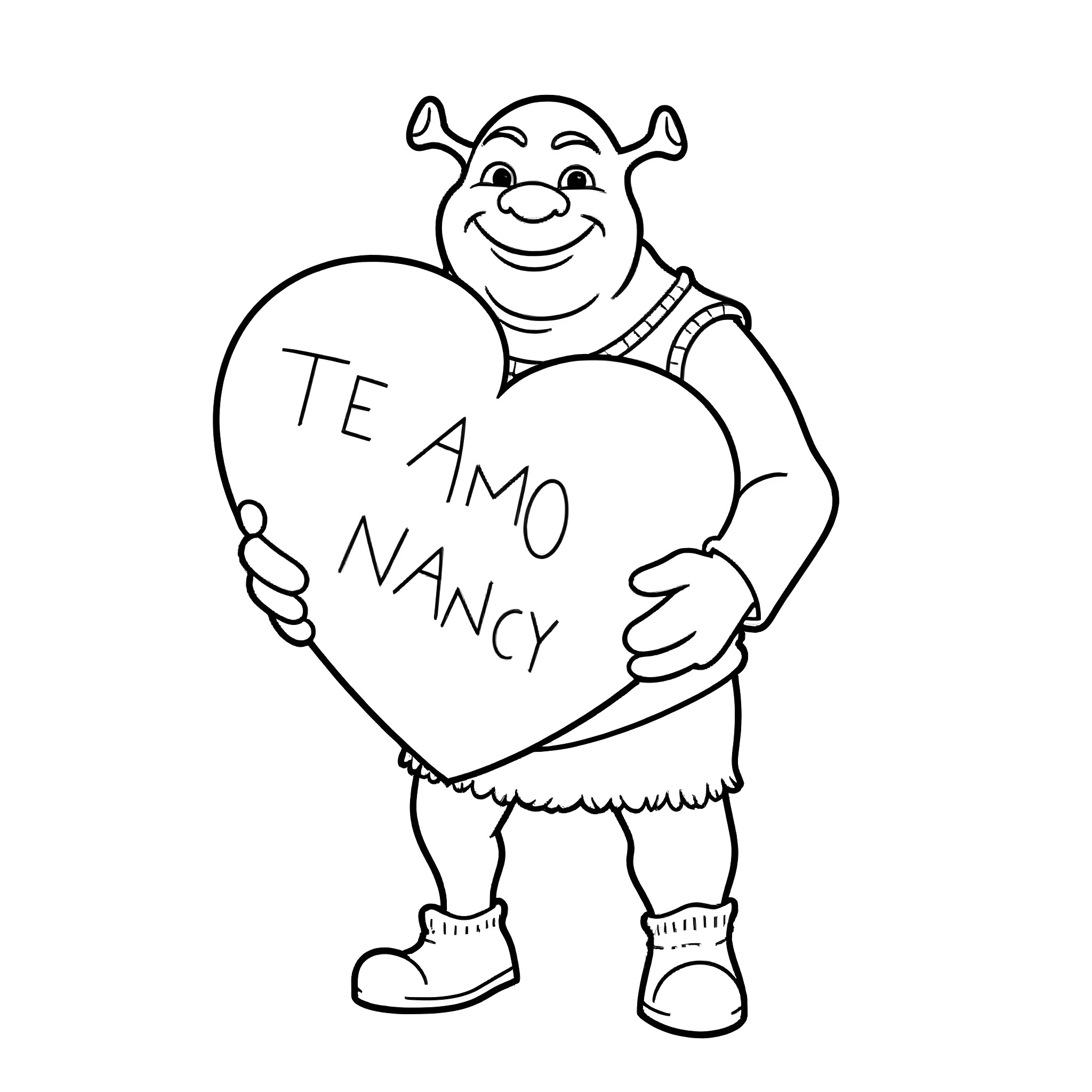 Shrek holding a heart-shaped 'Te amo Nancy' sign Coloring Page (free black-and-white line drawing printable PDF for all, from beginners to advanced learners, including children, teens, adults, and seniors)