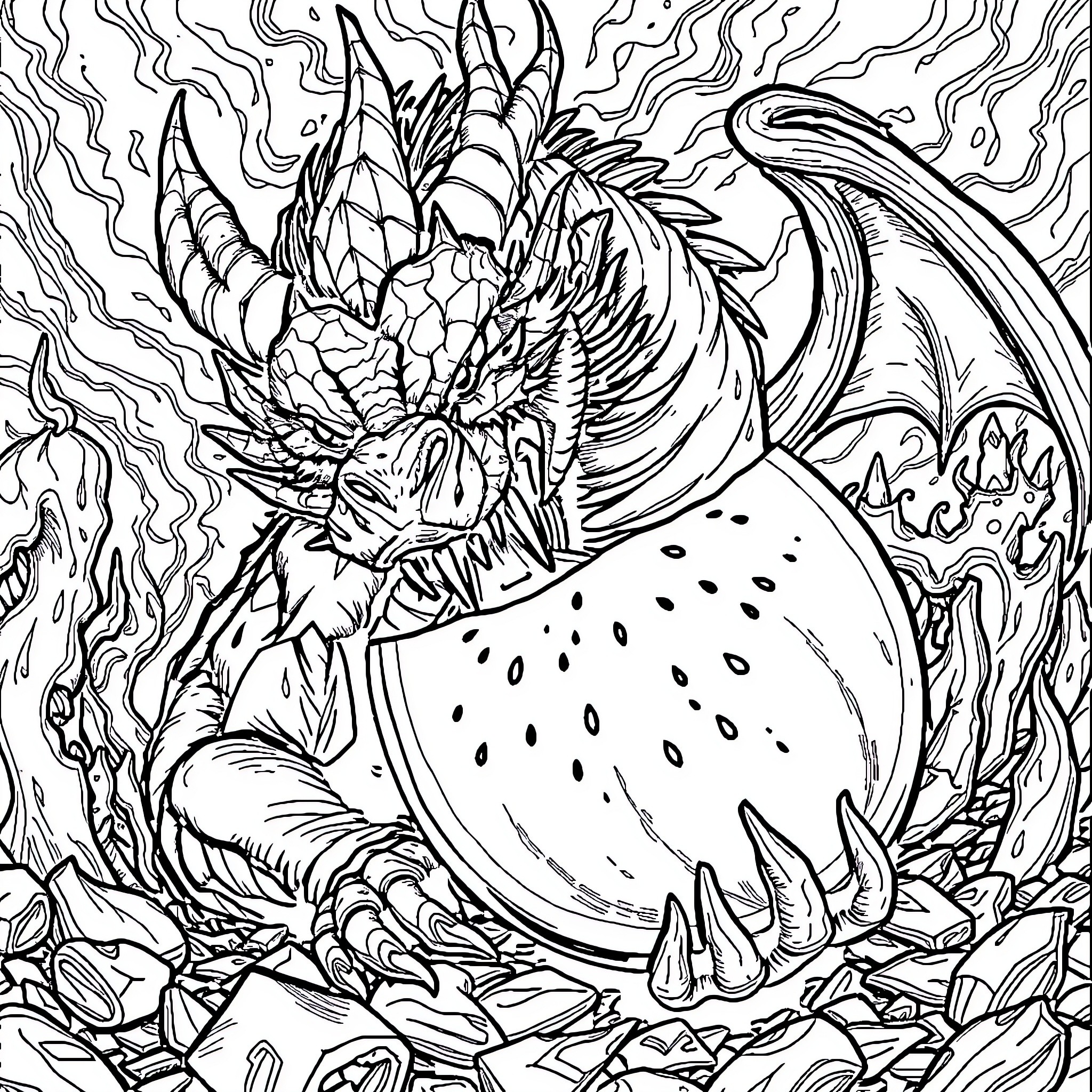 Dragon ferociously guarding its treasure Coloring Page (free black-and-white line drawing printable PDF for all, from beginners to advanced learners, including children, teens, adults, and seniors)
