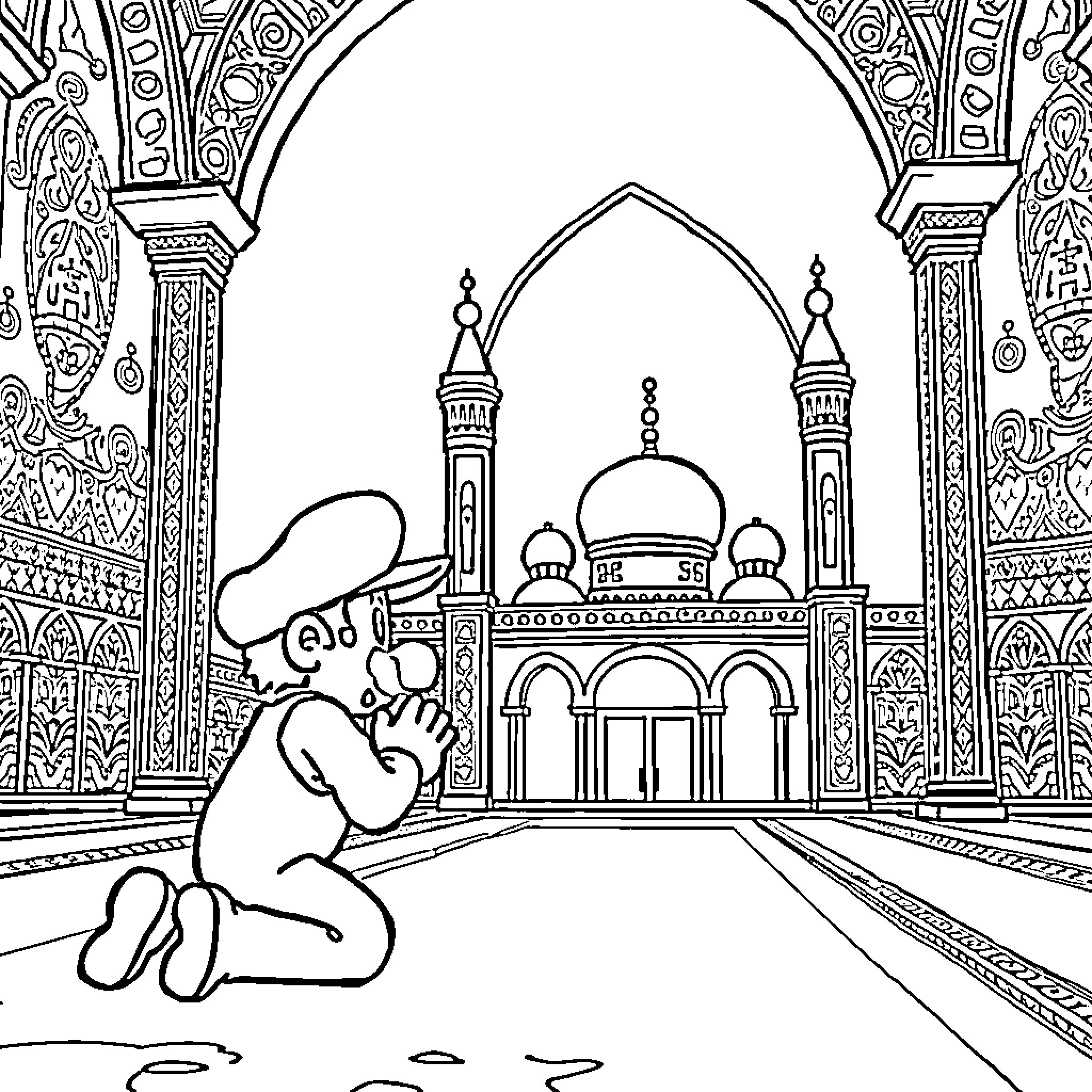 Mario praying in front of a Mosque Coloring Page (free black-and-white line drawing printable PDF for all, from beginners to advanced learners, including children, teens, adults, and seniors)