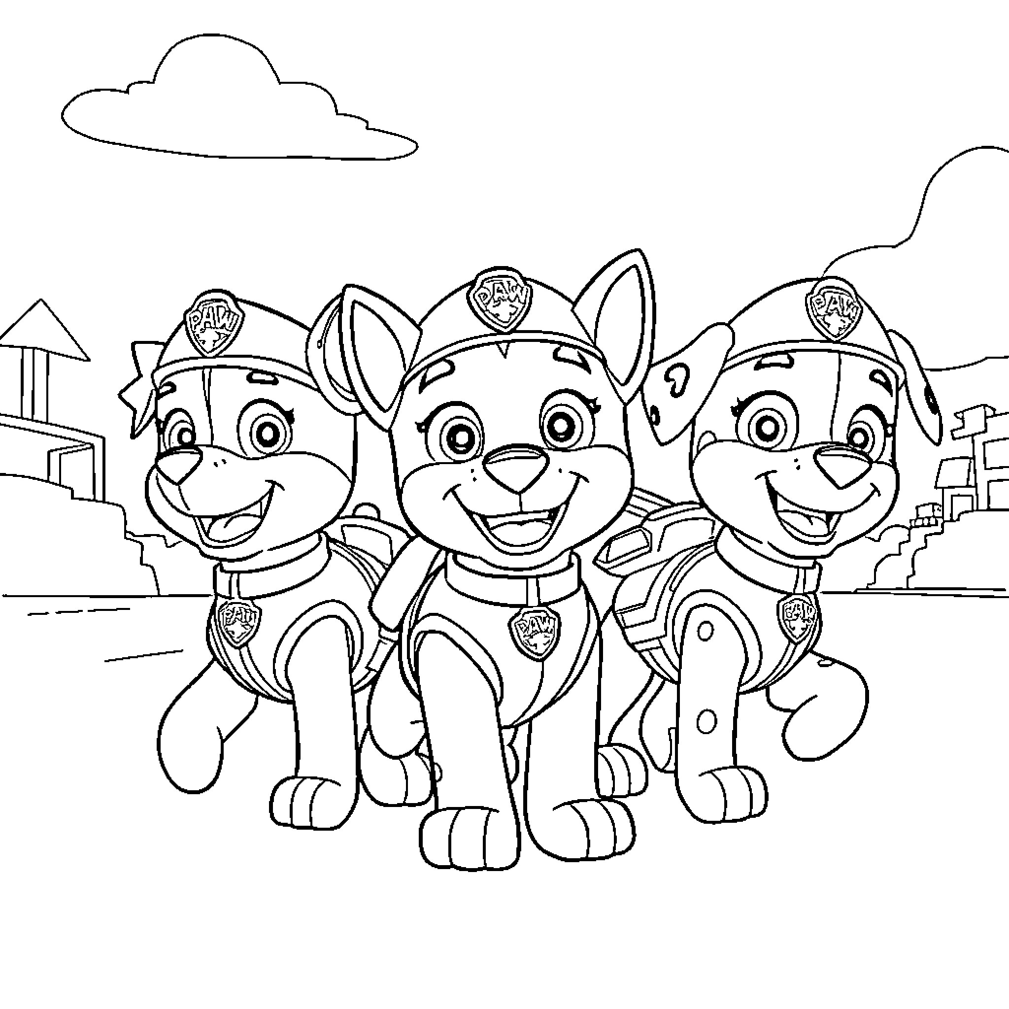 Paw Patrol Pups on Patrol Coloring Page (free black-and-white line drawing printable PDF for all, from beginners to advanced learners, including children, teens, adults, and seniors)