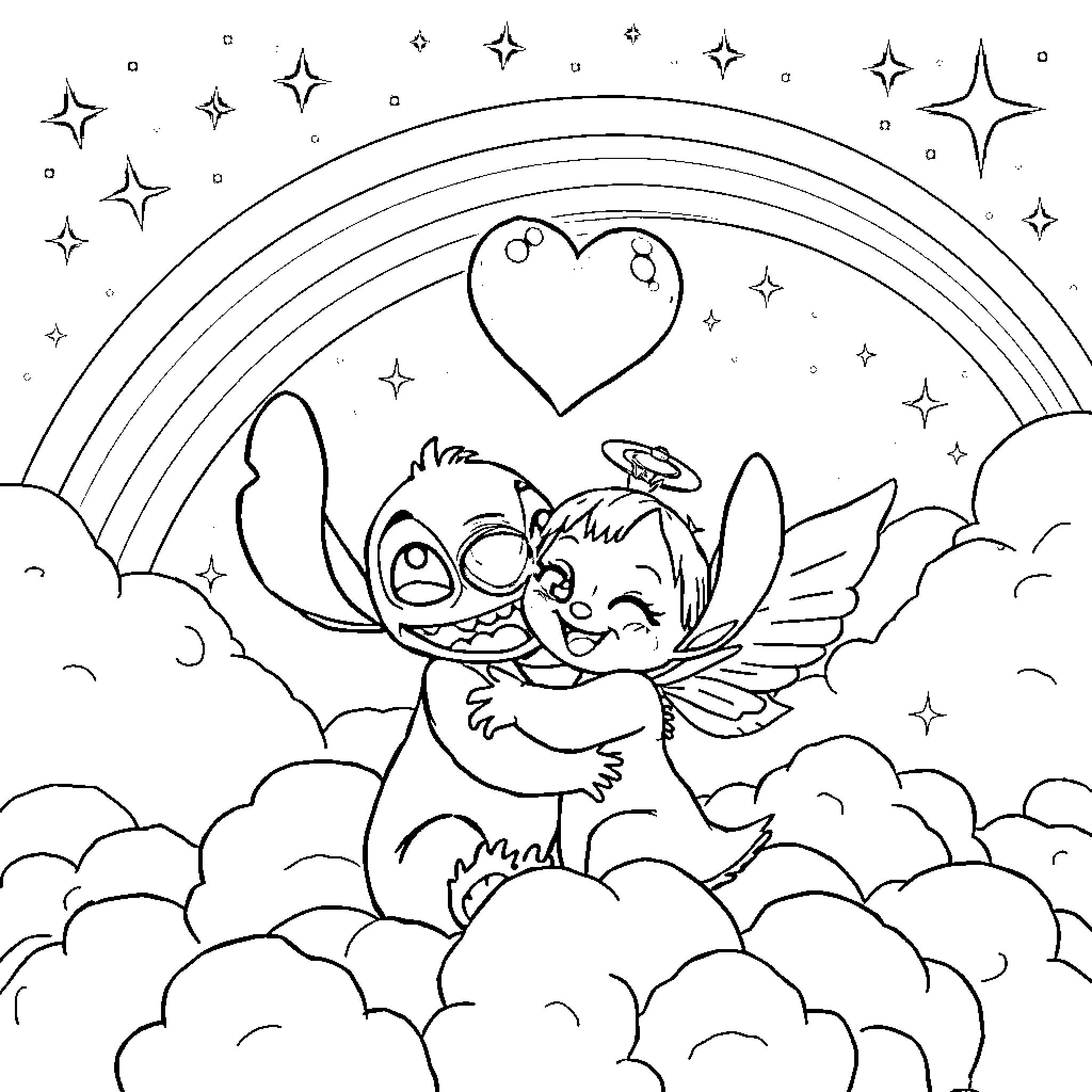 Stitch and angel cuddling in the clouds Coloring Page (free black-and-white line drawing printable PDF for all, from beginners to advanced learners, including children, teens, adults, and seniors)