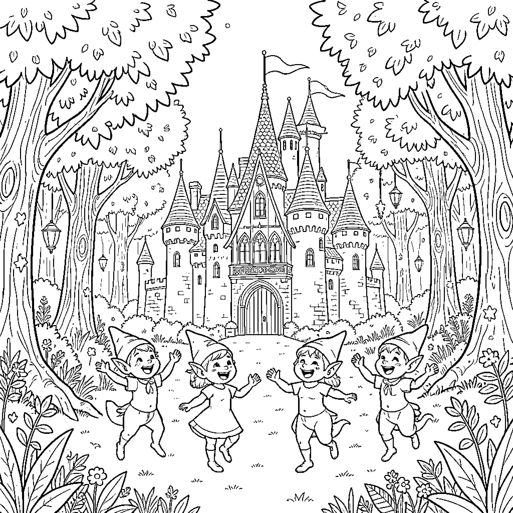 Château backdrop with joyful elves dancing in the forest Coloring Page (free black-and-white line drawing printable PDF for all, from beginners to advanced learners, including children, teens, adults, and seniors)