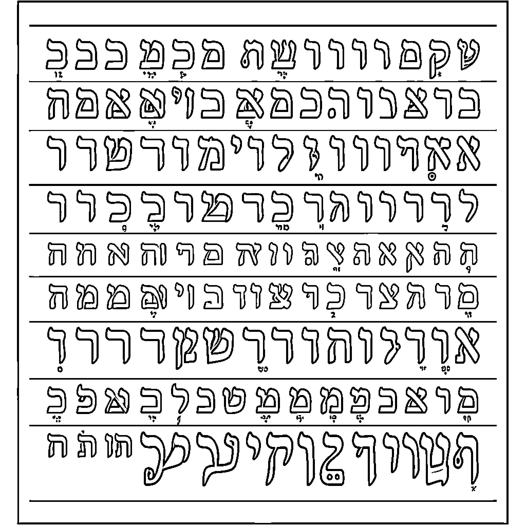 Hebrew Alphabet arranged in neat rows Coloring Page (free black-and-white line drawing printable PDF for all, from beginners to advanced learners, including children, teens, adults, and seniors)