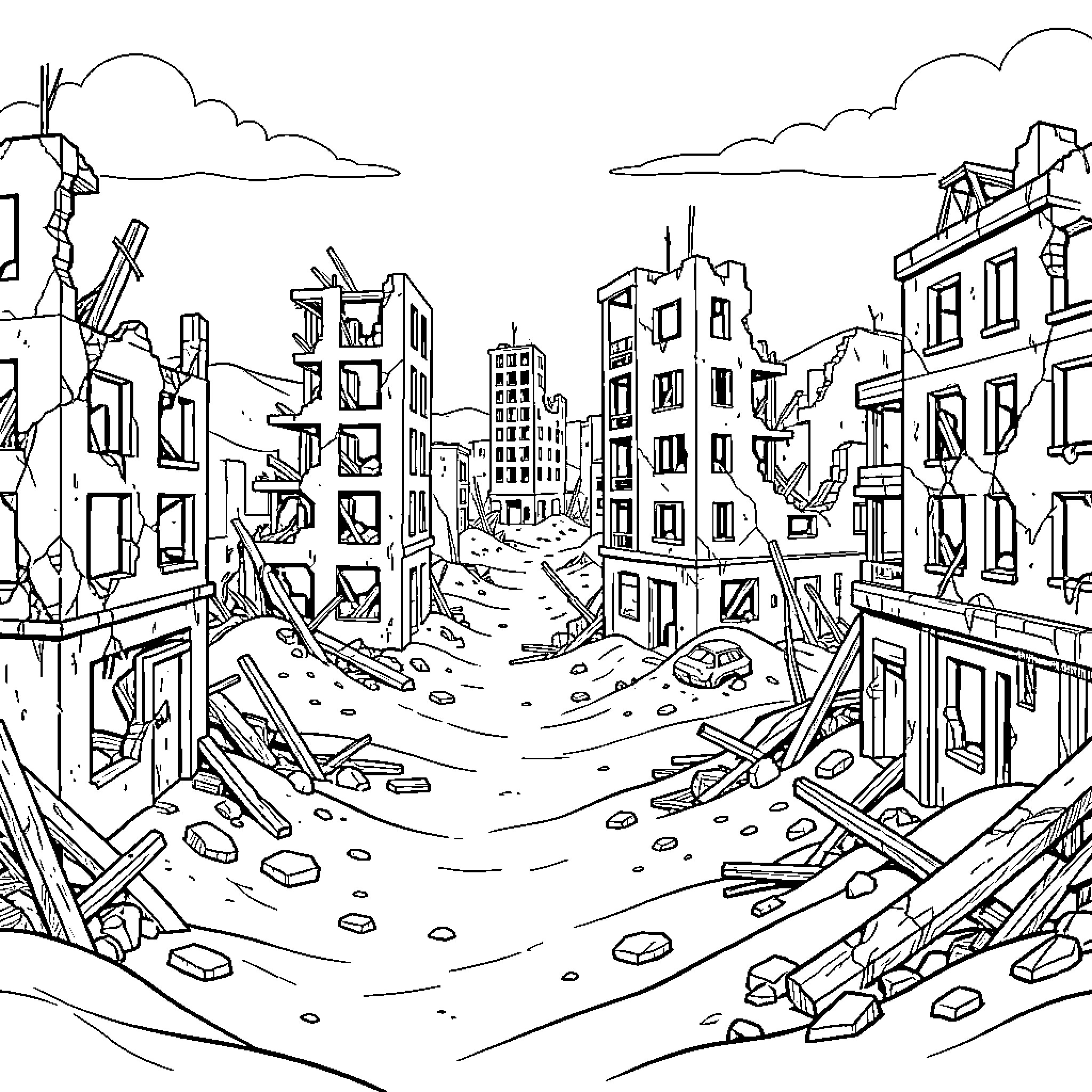 Ciudad with ruined buildings and scattered debris Coloring Page (free black-and-white line drawing printable PDF for all, from beginners to advanced learners, including children, teens, adults, and seniors)