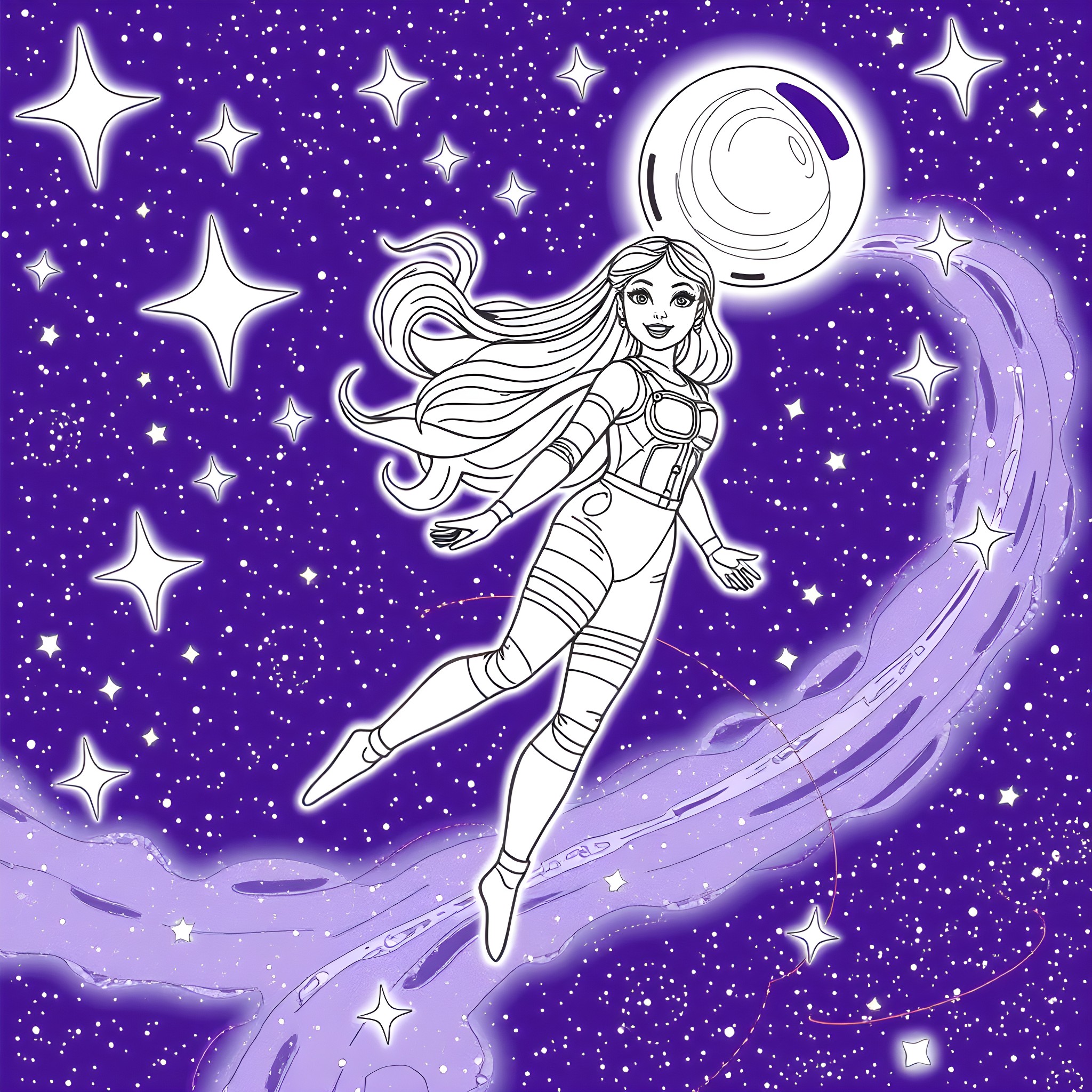 Barbie Floating in Starry Night Sky Coloring Page (free black-and-white line drawing printable PDF for all, from beginners to advanced learners, including children, teens, adults, and seniors)