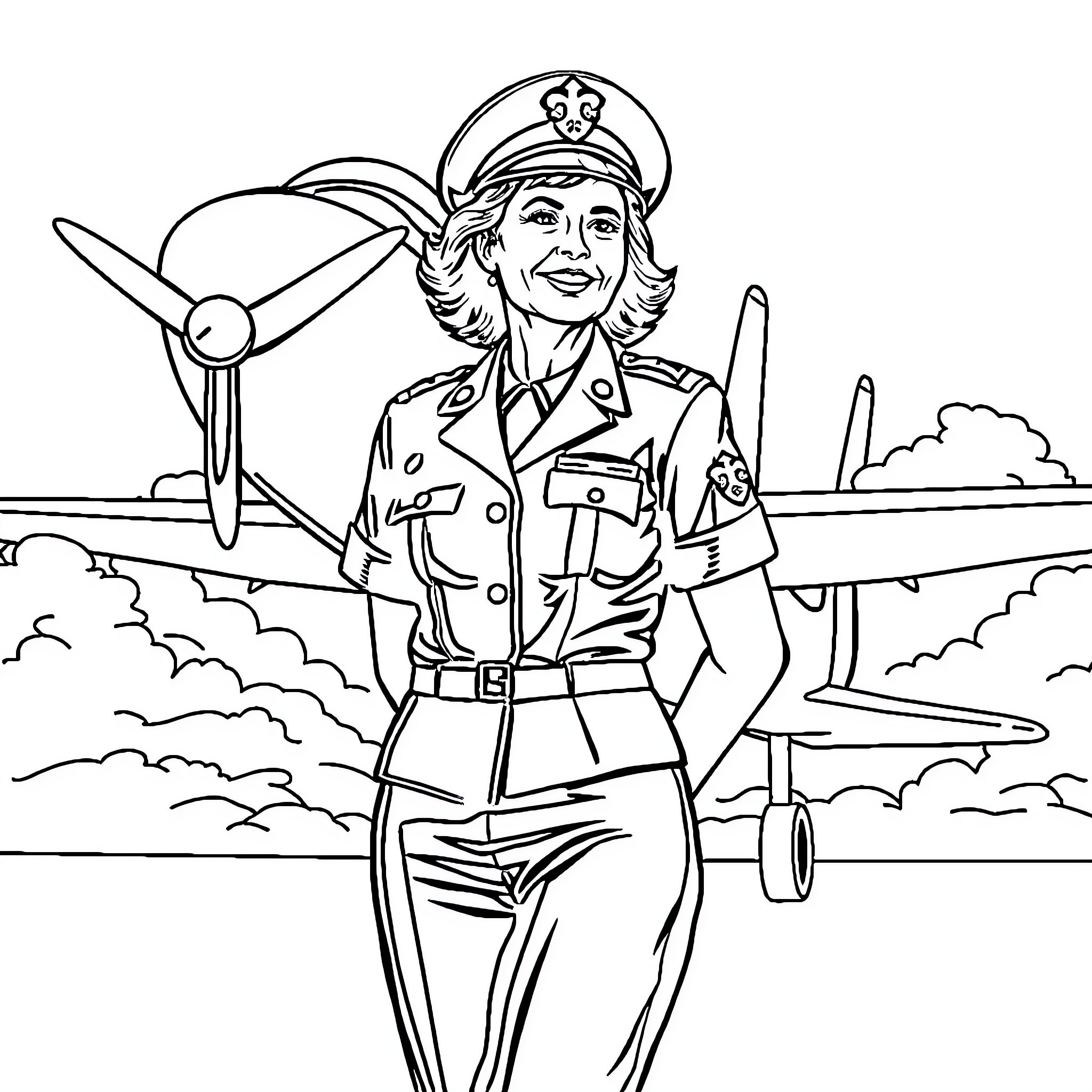 Mom Proudly Showcases Her Aviation Career Coloring Page (free black-and-white line drawing printable PDF for all, from beginners to advanced learners, including children, teens, adults, and seniors)