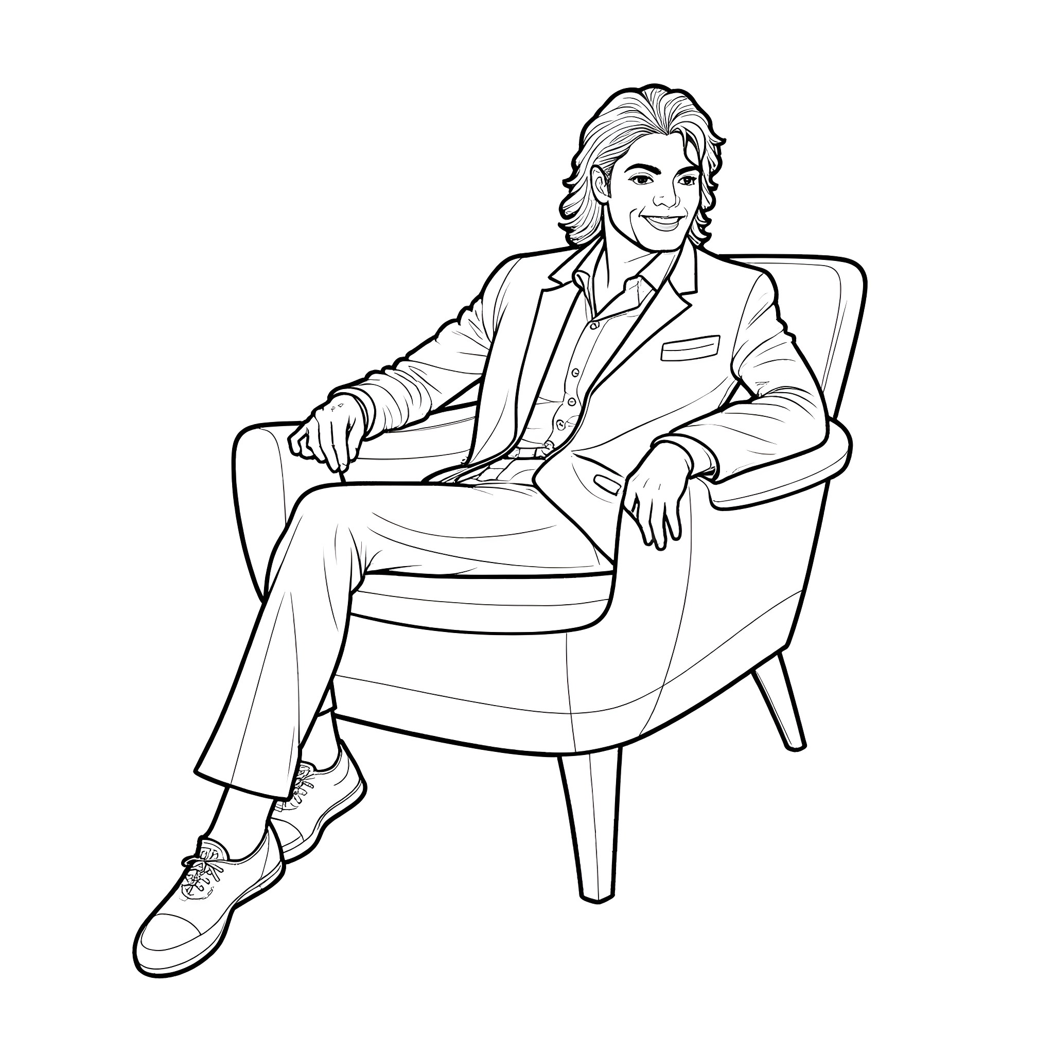 Michael Jackson sitting comfortably in a chair Coloring Page (free black-and-white line drawing printable PDF for all, from beginners to advanced learners, including children, teens, adults, and seniors)