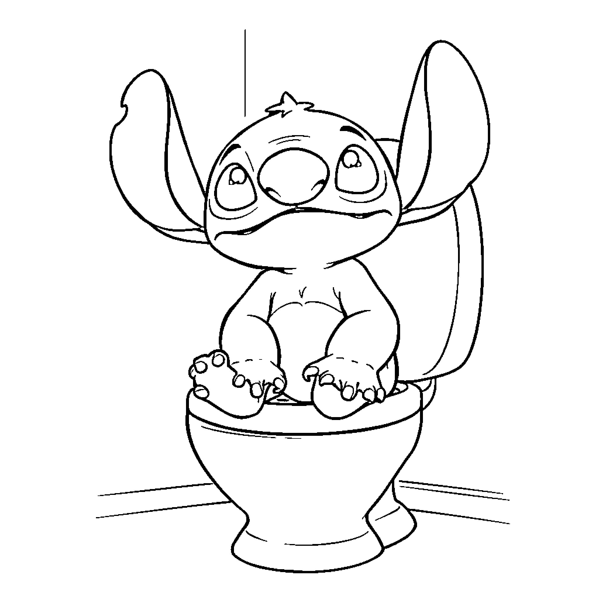 Stitch sitting in a bowl with a curious expression Coloring Page (free black-and-white line drawing printable PDF for all, from beginners to advanced learners, including children, teens, adults, and seniors)