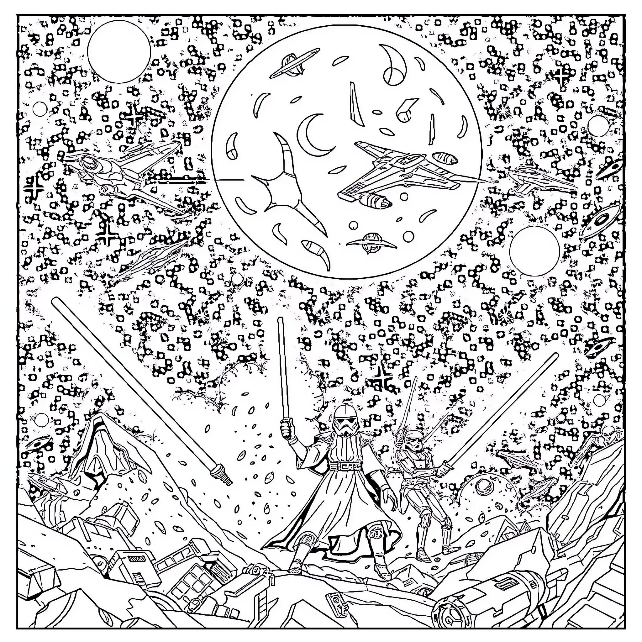Star Wars: Intergalactic Space Battle and Exploration Coloring Page (free black-and-white line drawing printable PDF for all, from beginners to advanced learners, including children, teens, adults, and seniors)