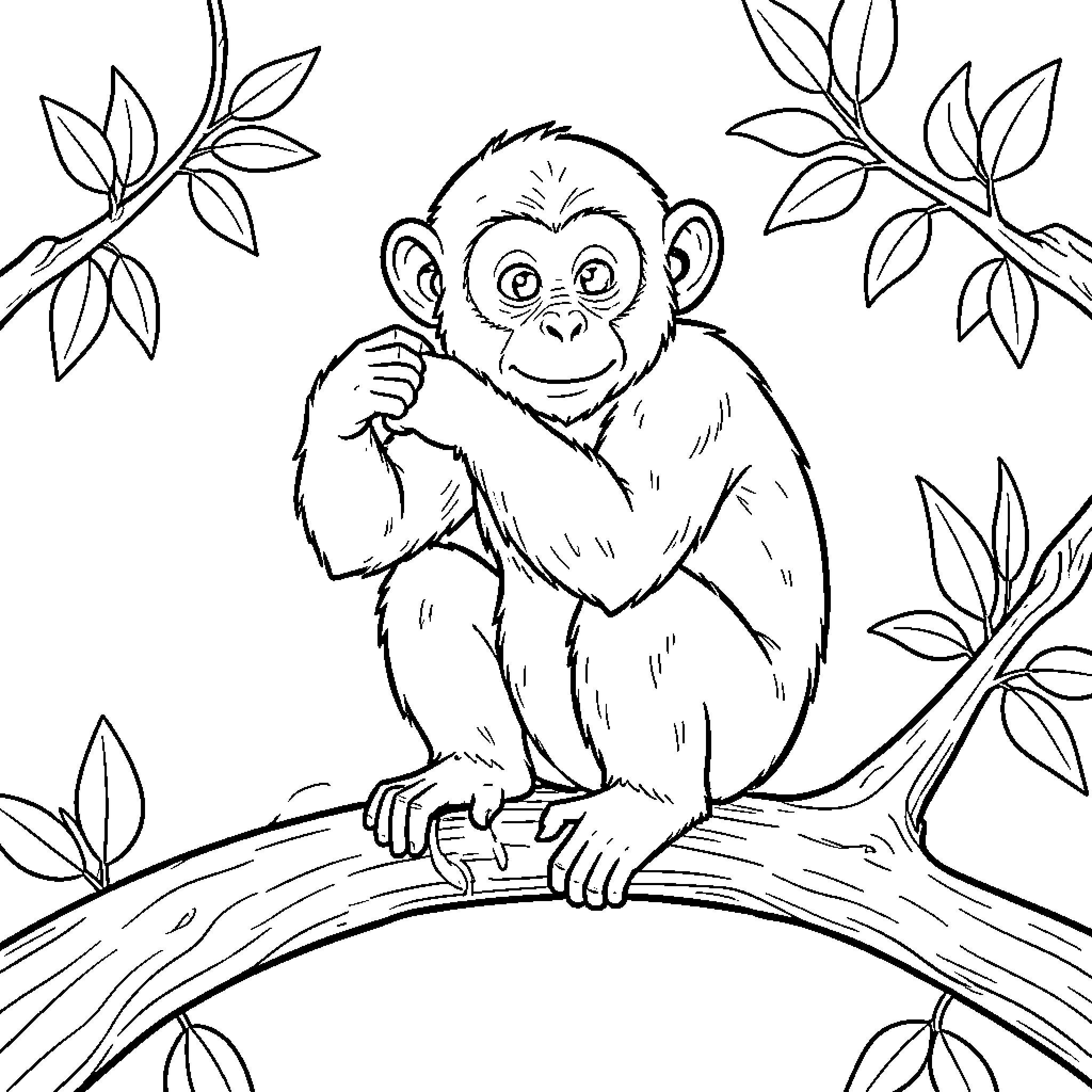 Monkey exploring the jungle foliage Coloring Page (free black-and-white line drawing printable PDF for all, from beginners to advanced learners, including children, teens, adults, and seniors)