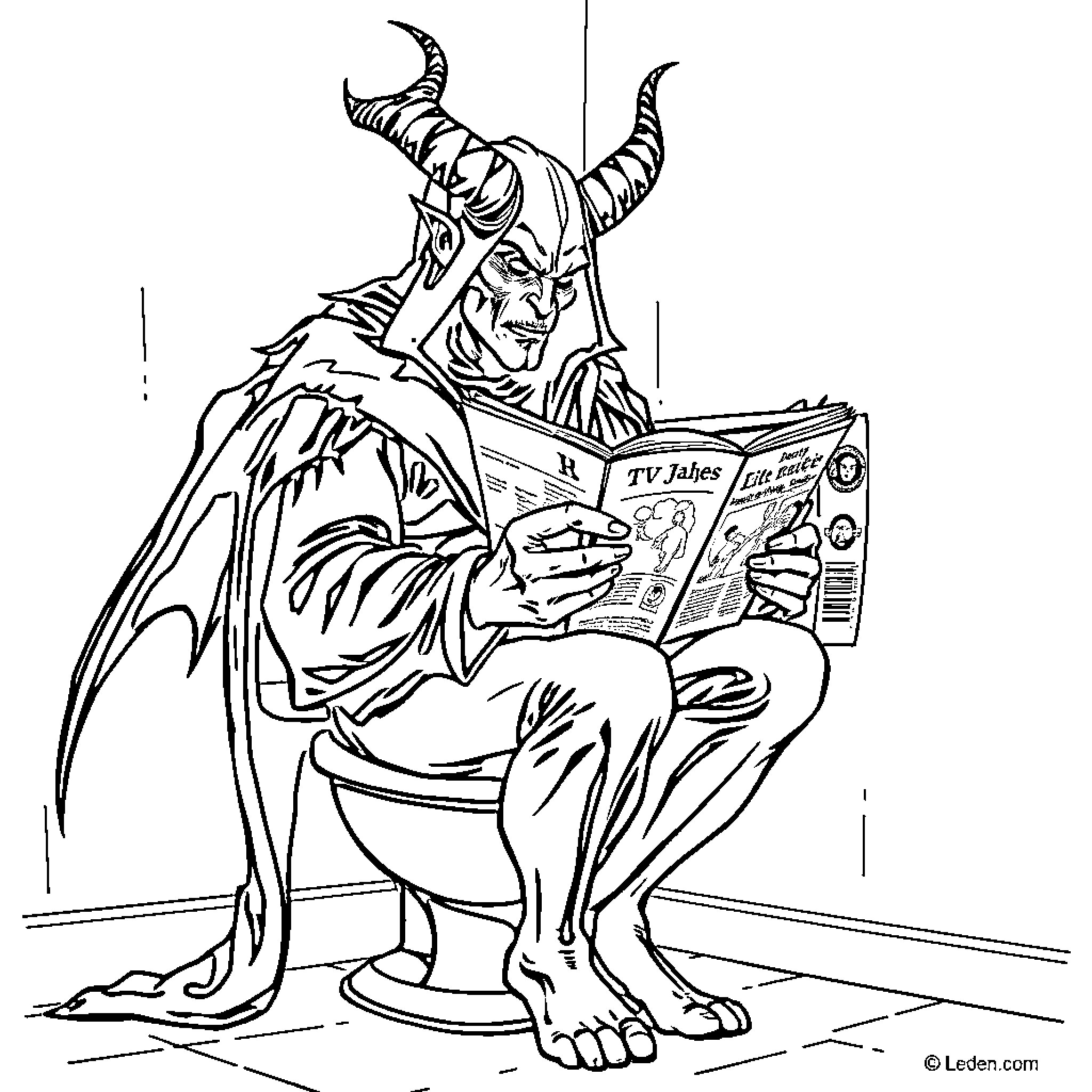 Lord of Darkness reading a magazine on the throne Coloring Page (free black-and-white line drawing printable PDF for all, from beginners to advanced learners, including children, teens, adults, and seniors)