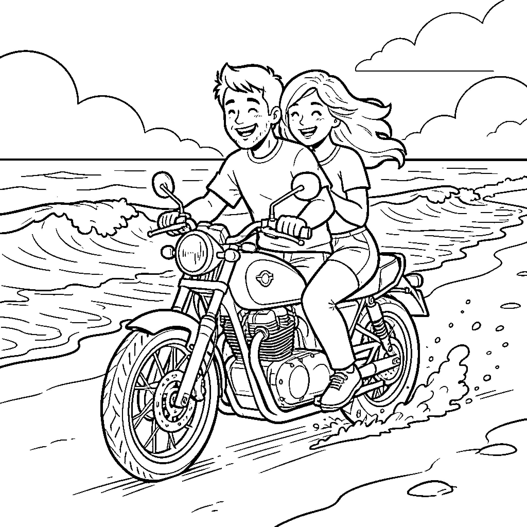 Couple smiling while riding a motorcycle on the beach Coloring Page (free black-and-white line drawing printable PDF for all, from beginners to advanced learners, including children, teens, adults, and seniors)