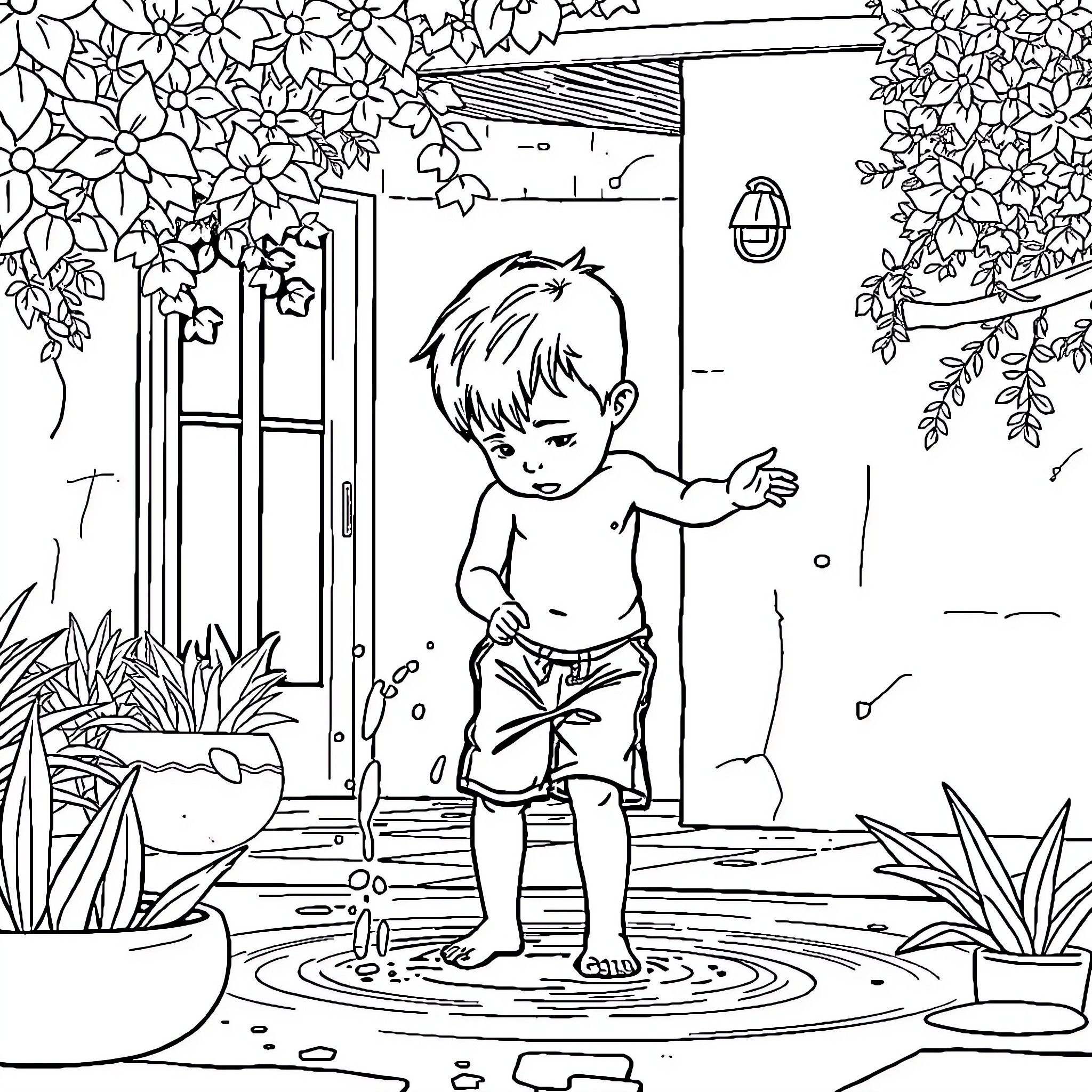 Niño playing in puddle on porch Coloring Page (free black-and-white line drawing printable PDF for all, from beginners to advanced learners, including children, teens, adults, and seniors)