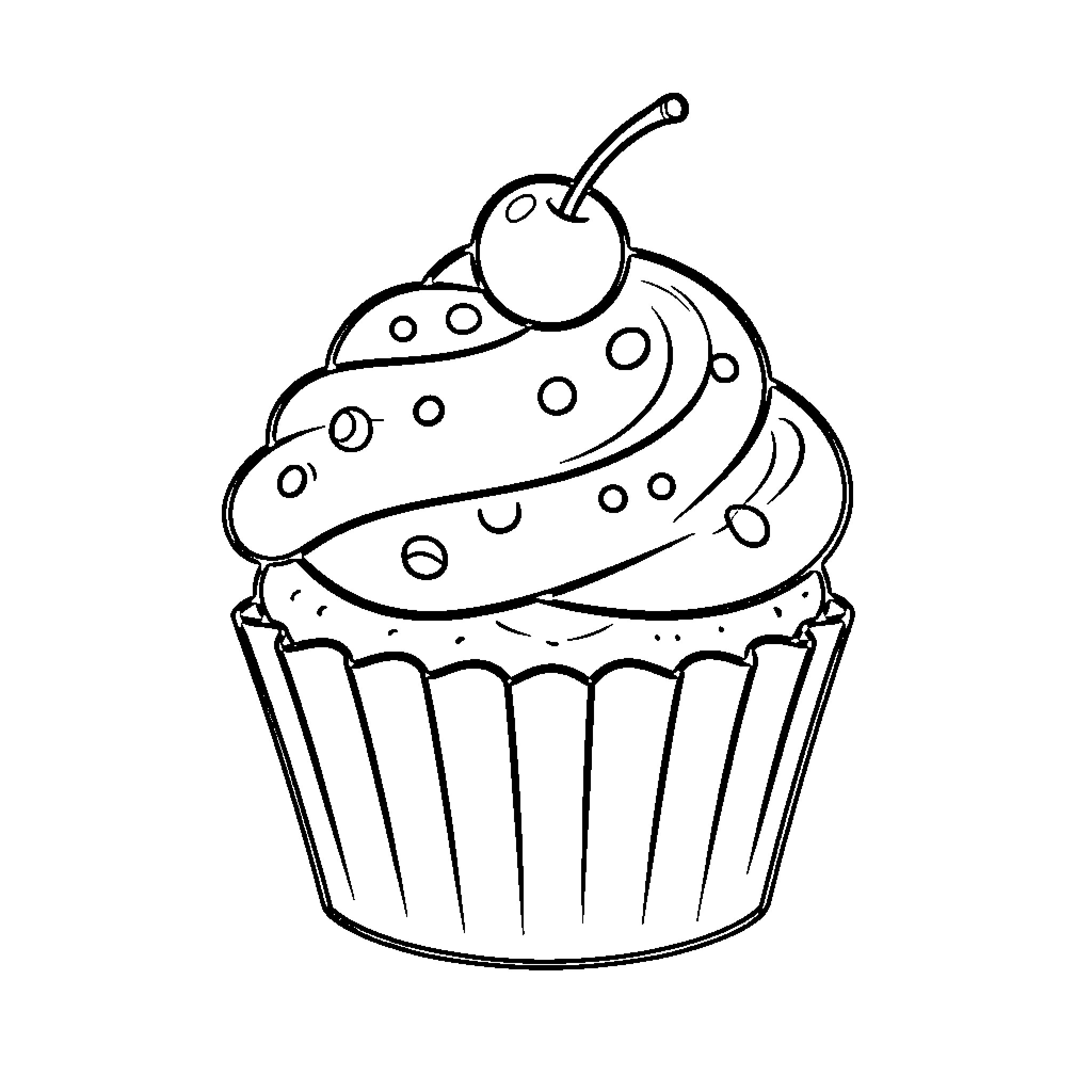Cupcake with decorative swirls and a cherry on top Coloring Page (free black-and-white line drawing printable PDF for all, from beginners to advanced learners, including children, teens, adults, and seniors)