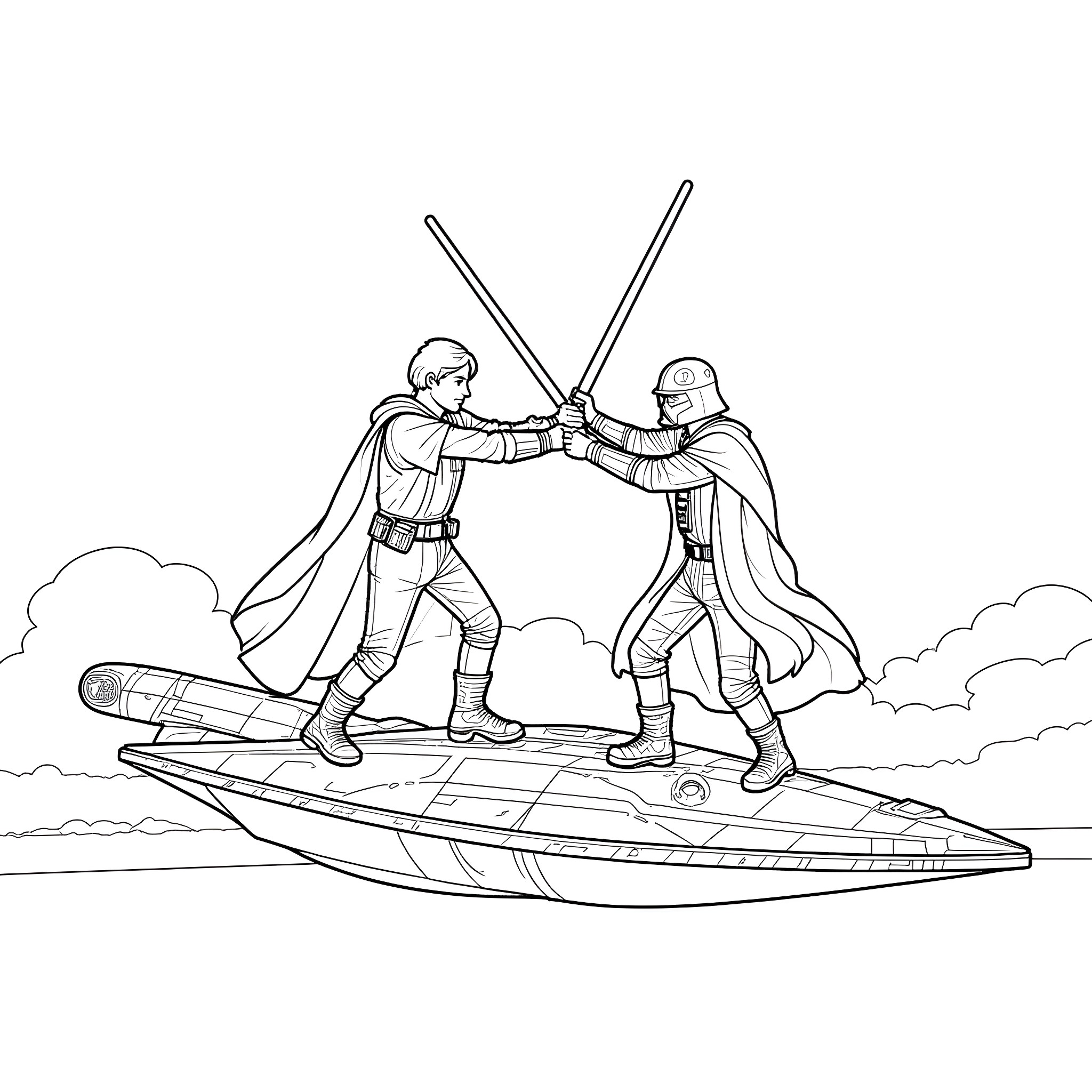 Luke Skywalker duels with a rival on a speeder Coloring Page (free black-and-white line drawing printable PDF for all, from beginners to advanced learners, including children, teens, adults, and seniors)