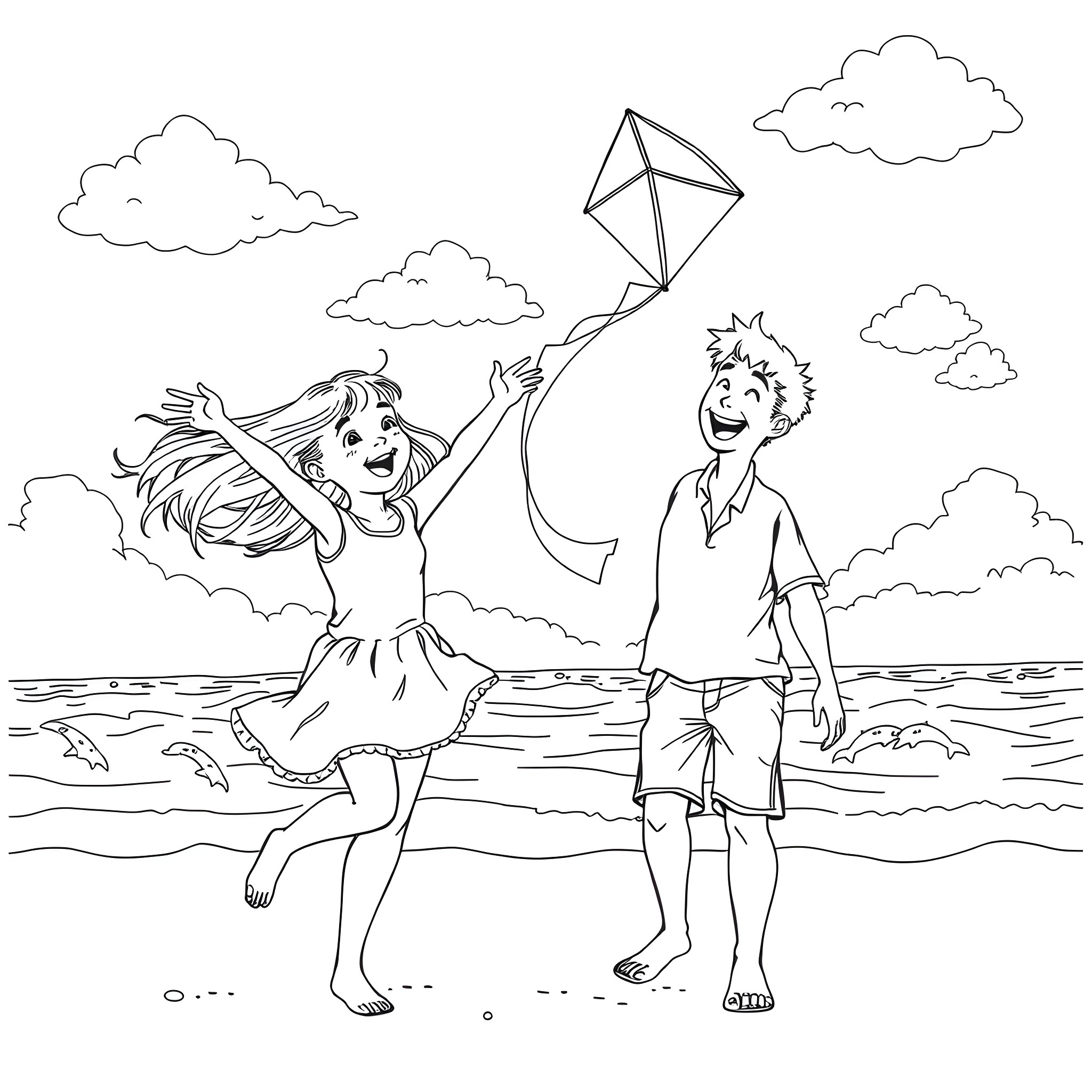 Girl and boy flying kite on the beach Coloring Page (free black-and-white line drawing printable PDF for all, from beginners to advanced learners, including children, teens, adults, and seniors)