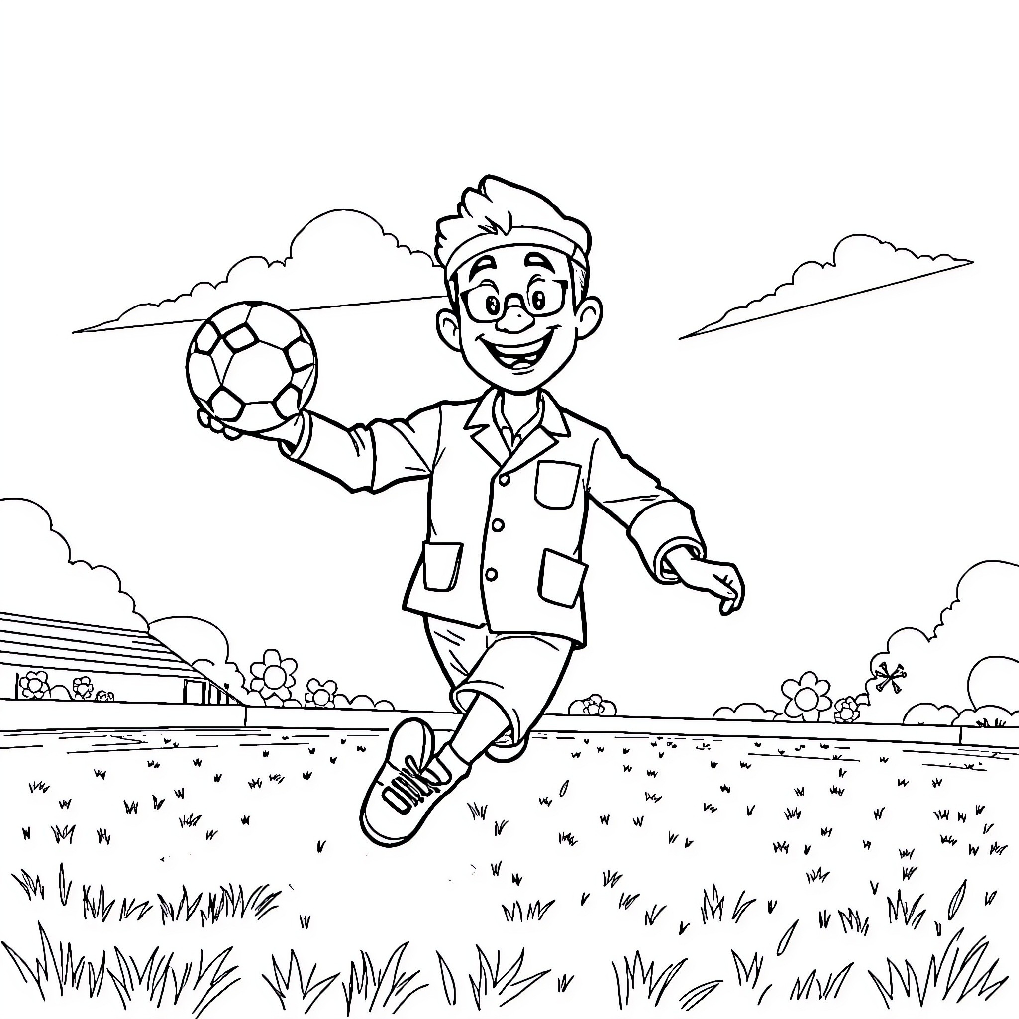 Dentist playing with soccer ball outdoors Coloring Page (free black-and-white line drawing printable PDF for all, from beginners to advanced learners, including children, teens, adults, and seniors)