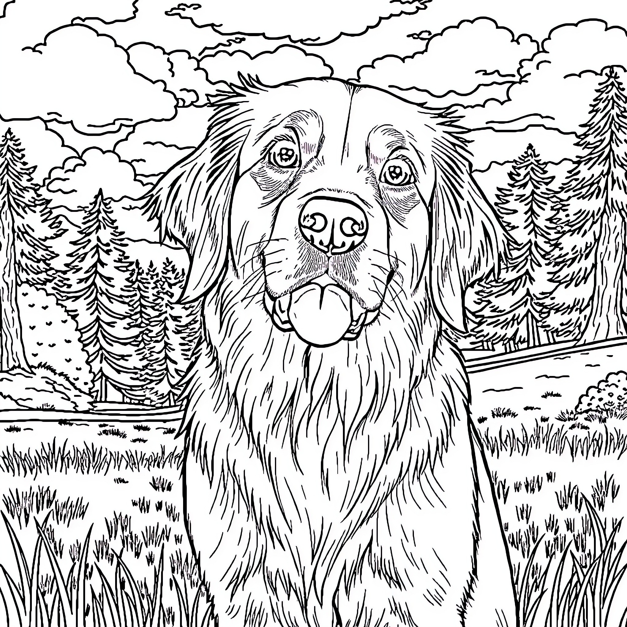 Dog enjoying a day outdoors in nature Coloring Page (free black-and-white line drawing printable PDF for all, from beginners to advanced learners, including children, teens, adults, and seniors)