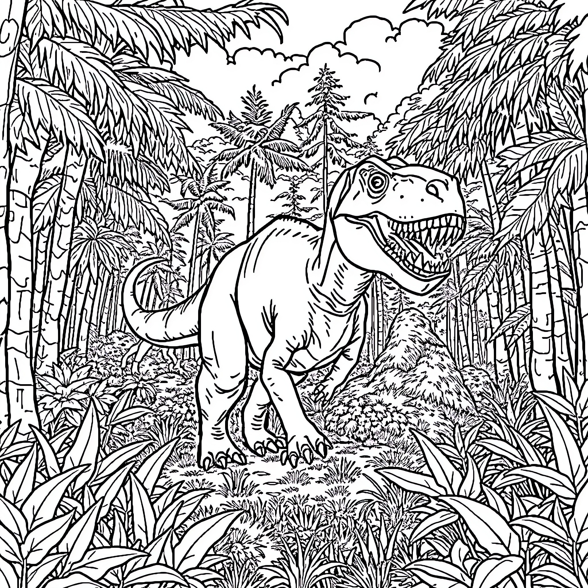 Dinosaur Roaming through the Lush Jungle Landscape Coloring Page (free black-and-white line drawing printable PDF for all, from beginners to advanced learners, including children, teens, adults, and seniors)