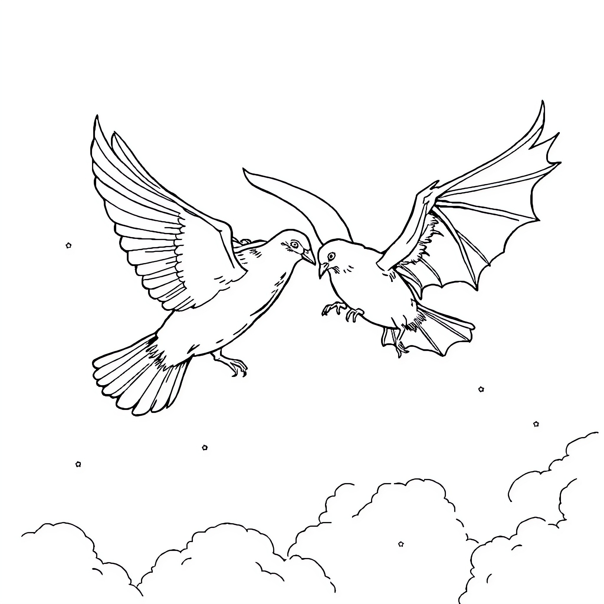 Pigeons with wings spread flying in the sky Coloring Page (free black-and-white line drawing printable PDF for all, from beginners to advanced learners, including children, teens, adults, and seniors)