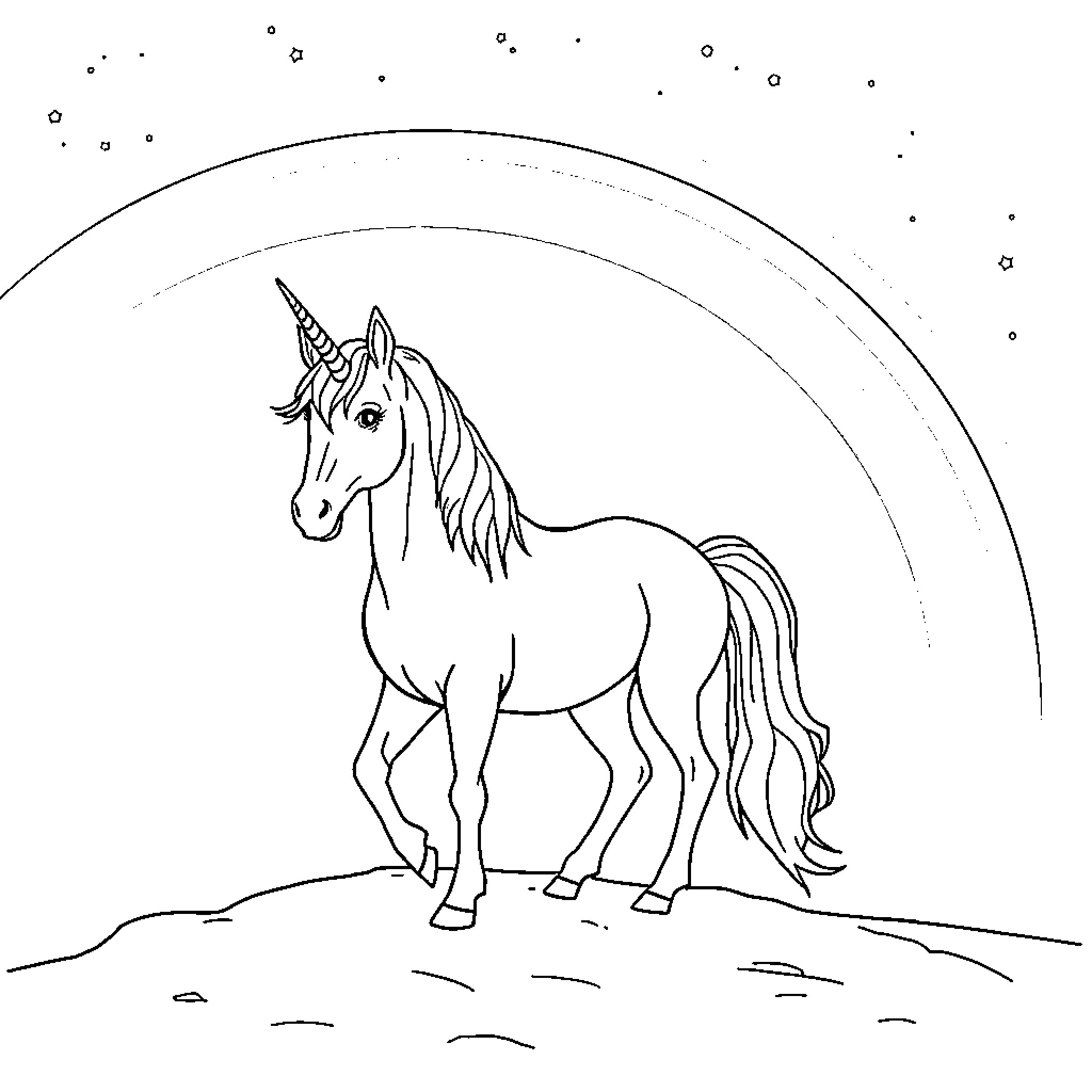 Unicorn standing in starry night landscape Coloring Page (free black-and-white line drawing printable PDF for all, from beginners to advanced learners, including children, teens, adults, and seniors)