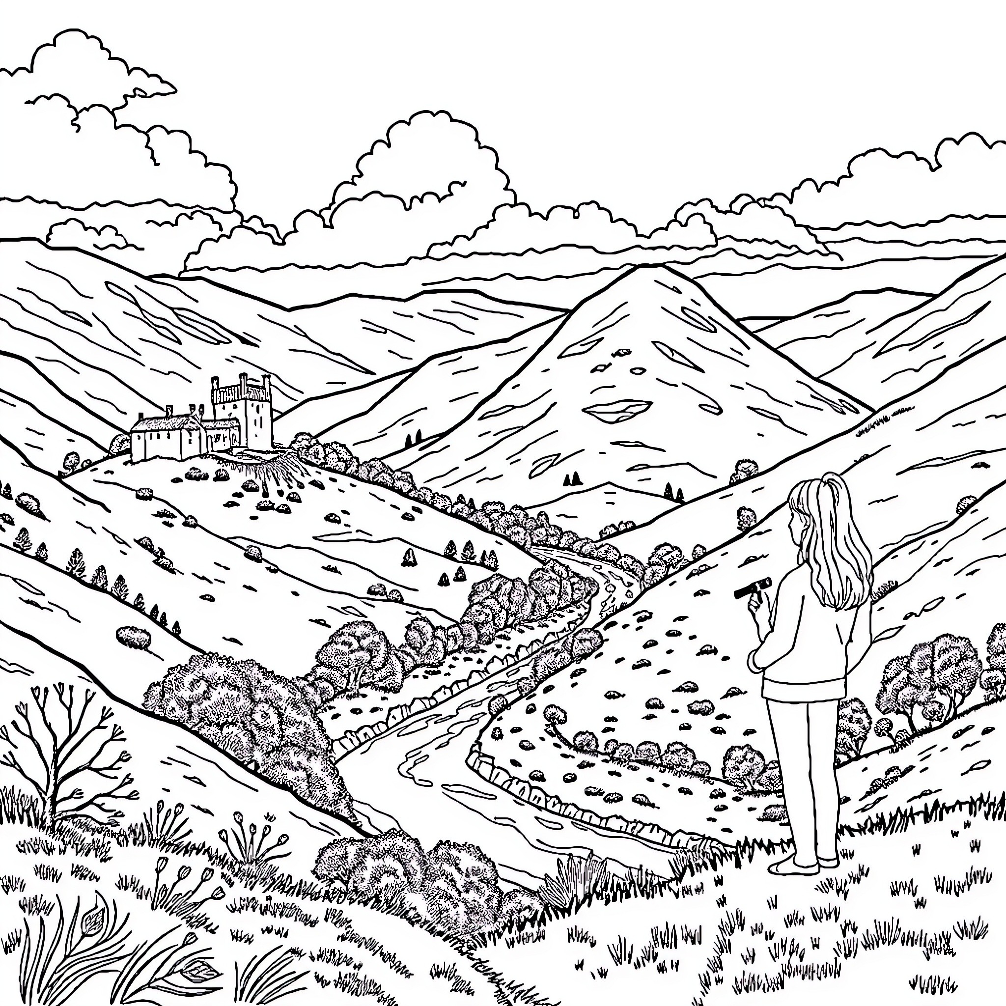 Abby Hatcher enjoying the scenic mountain landscape Coloring Page (free black-and-white line drawing printable PDF for all, from beginners to advanced learners, including children, teens, adults, and seniors)