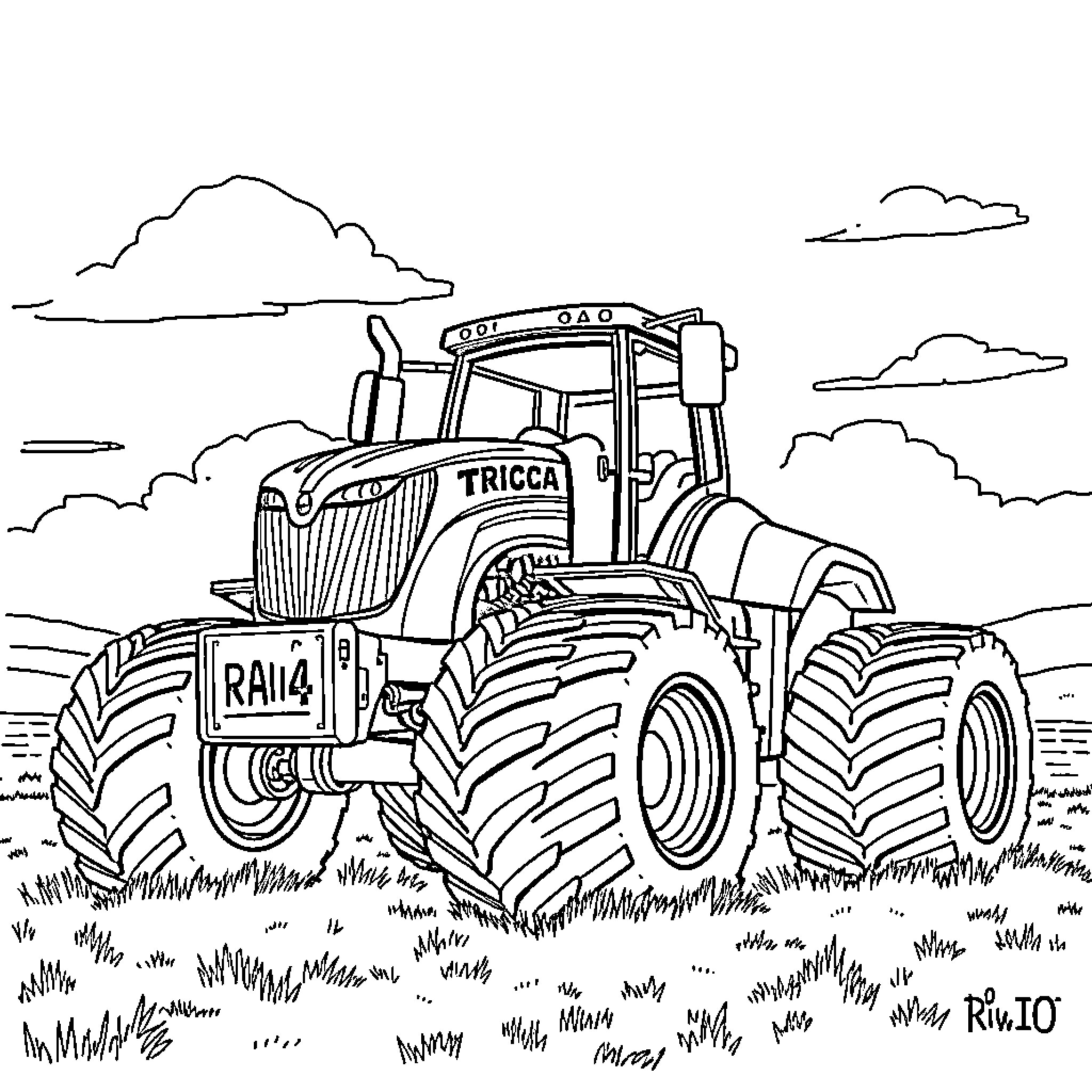 Tractor plowing through the countryside Coloring Page (free black-and-white line drawing printable PDF for all, from beginners to advanced learners, including children, teens, adults, and seniors)