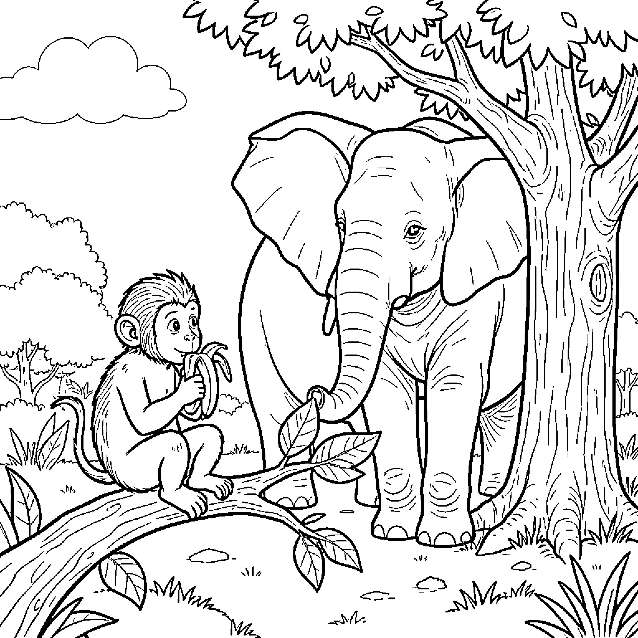 Singe eating a banana while sitting near an elephant Coloring Page (free black-and-white line drawing printable PDF for all, from beginners to advanced learners, including children, teens, adults, and seniors)