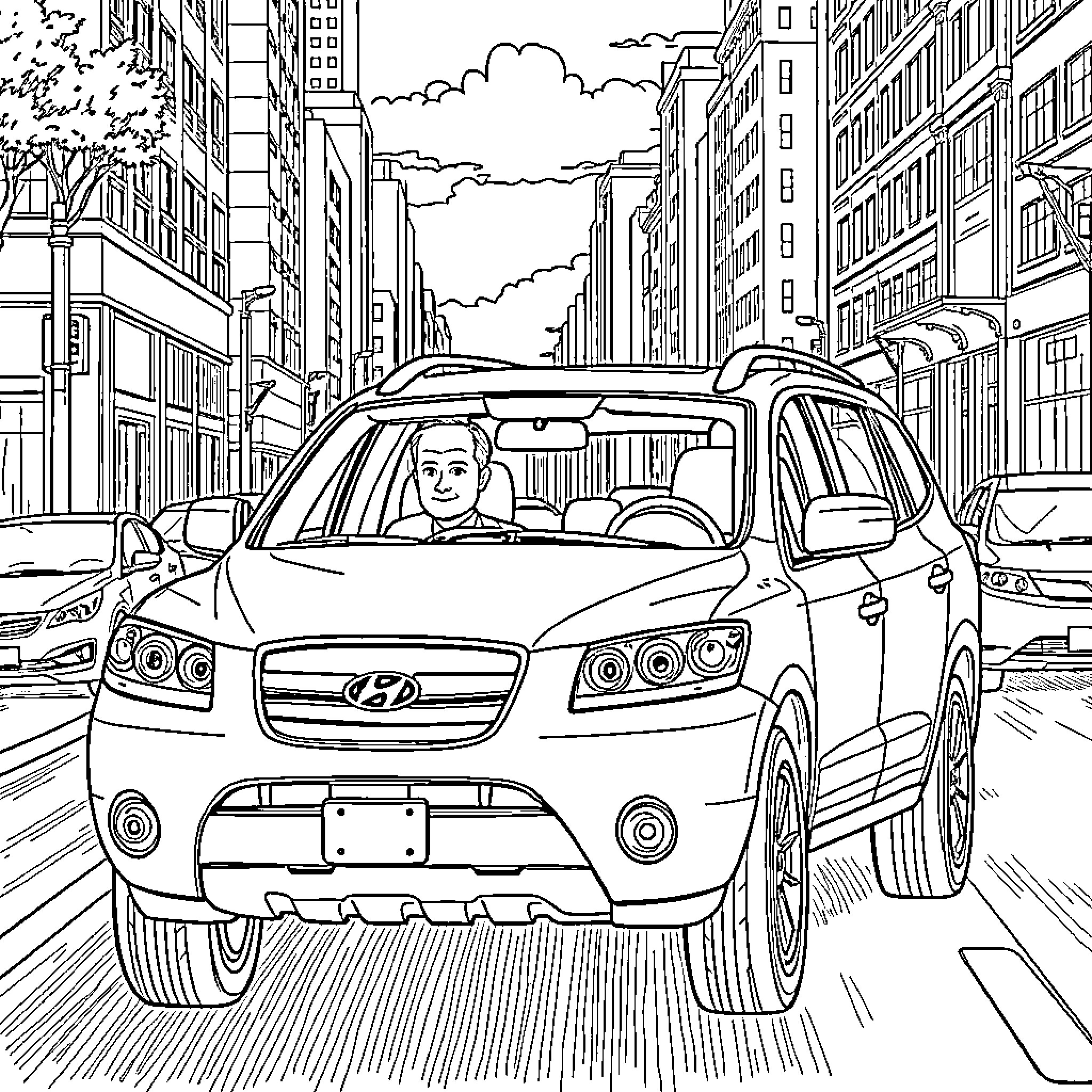 Guy driving SUV through busy city street Coloring Page (free black-and-white line drawing printable PDF for all, from beginners to advanced learners, including children, teens, adults, and seniors)