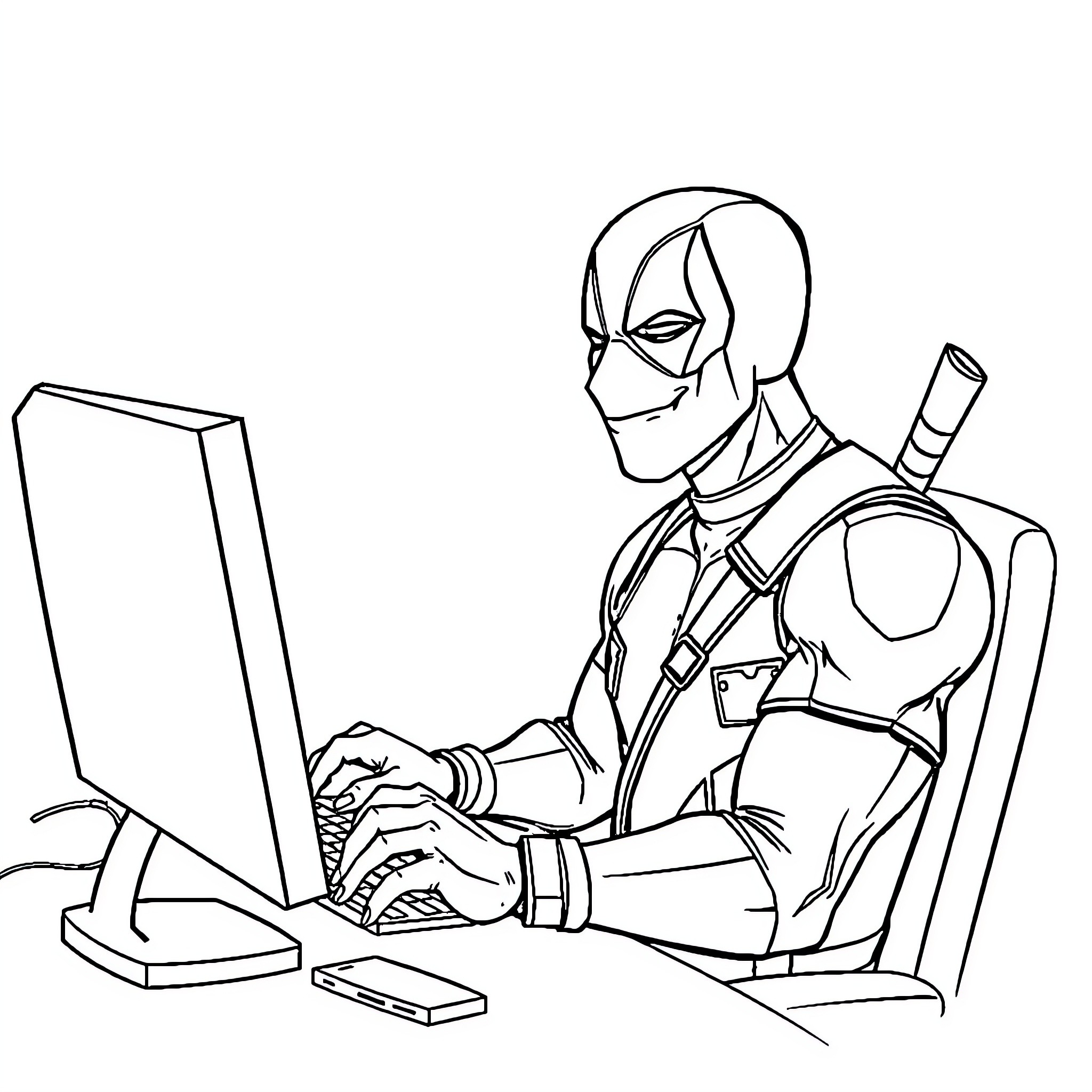 Deadpool at Work on Computer Coloring Page (free black-and-white line drawing printable PDF for all, from beginners to advanced learners, including children, teens, adults, and seniors)
