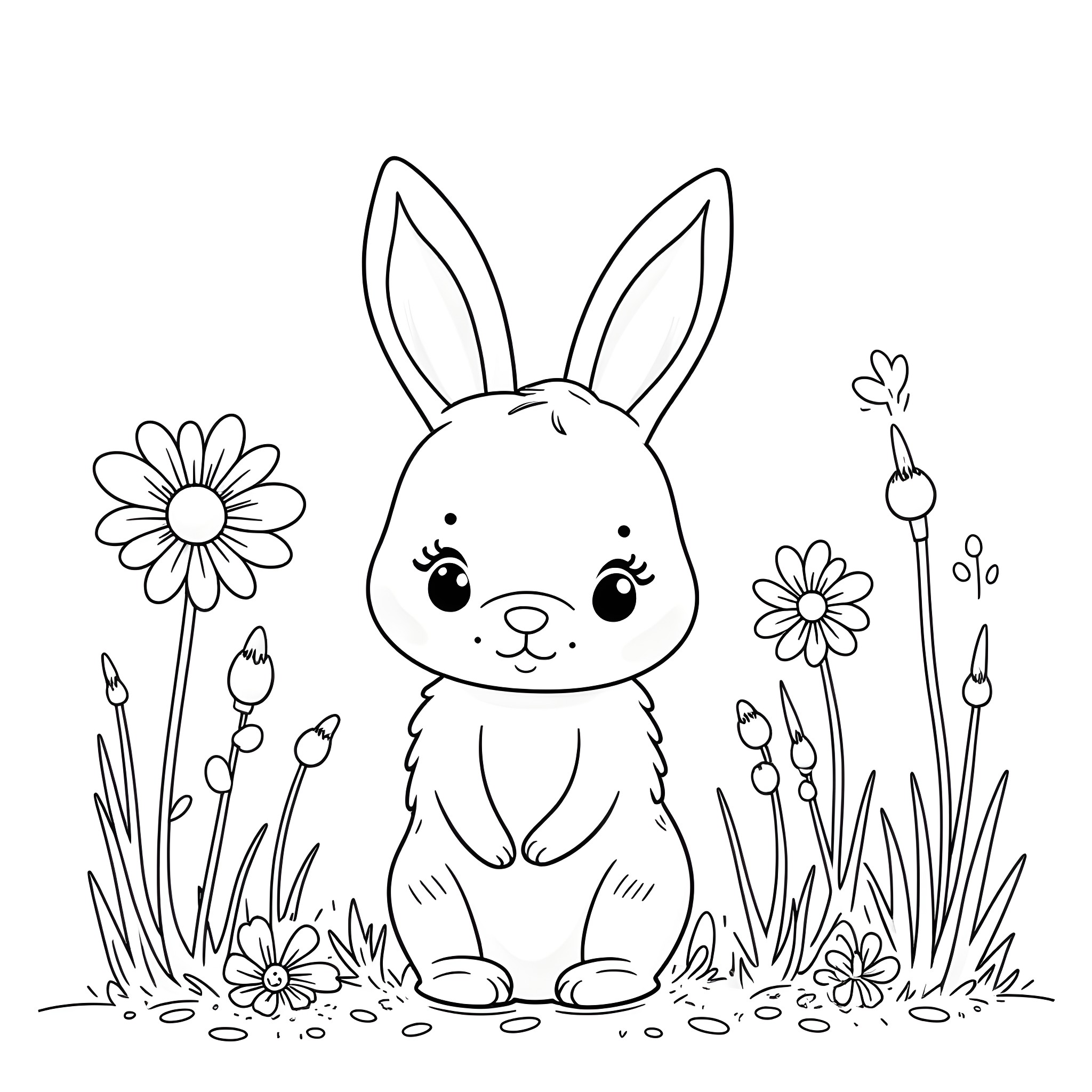 Rabbit surrounded by flowers in a garden Coloring Page (free black-and-white line drawing printable PDF for all, from beginners to advanced learners, including children, teens, adults, and seniors)