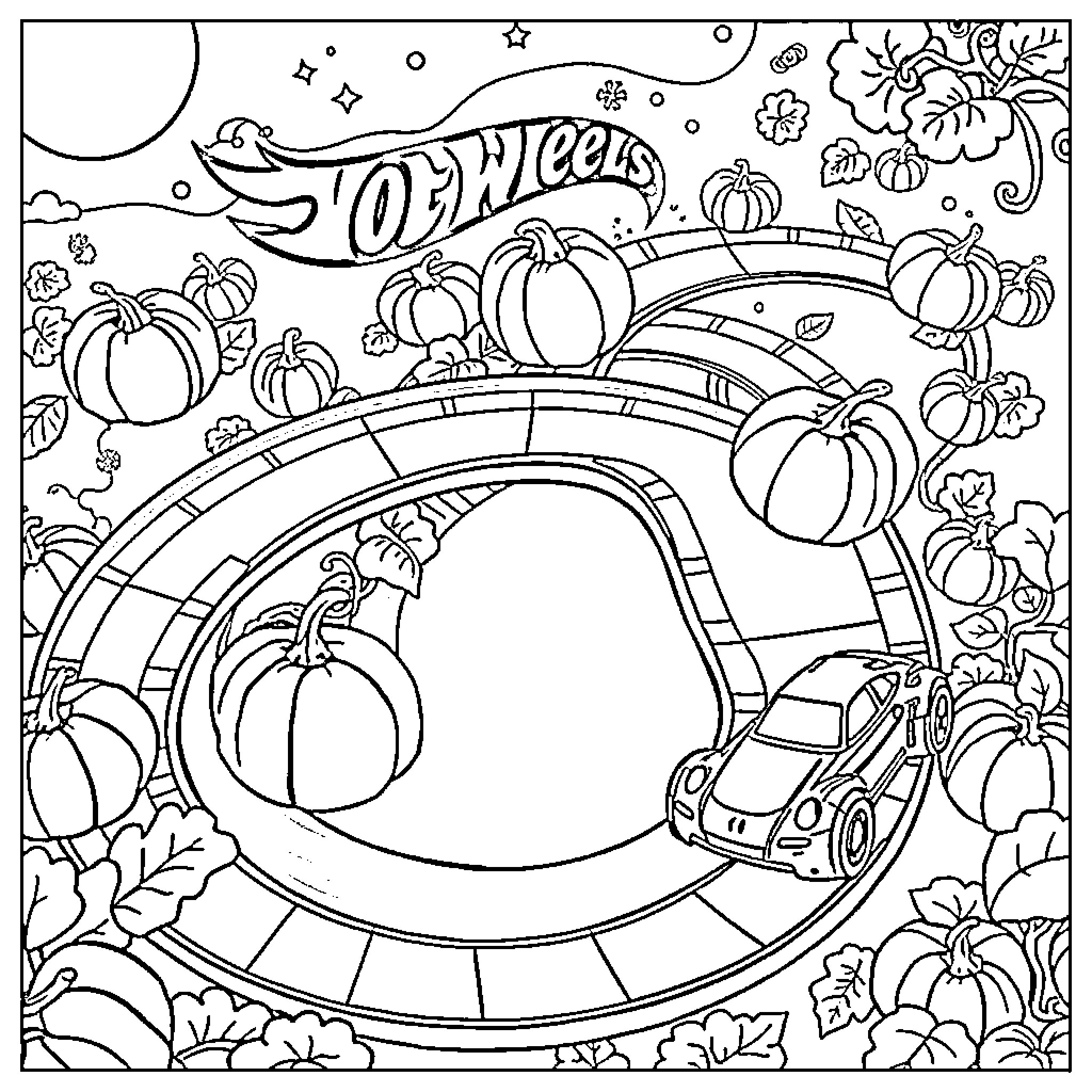 Pumpkin-themed Hot Wheels racing adventure Coloring Page (free black-and-white line drawing printable PDF for all, from beginners to advanced learners, including children, teens, adults, and seniors)