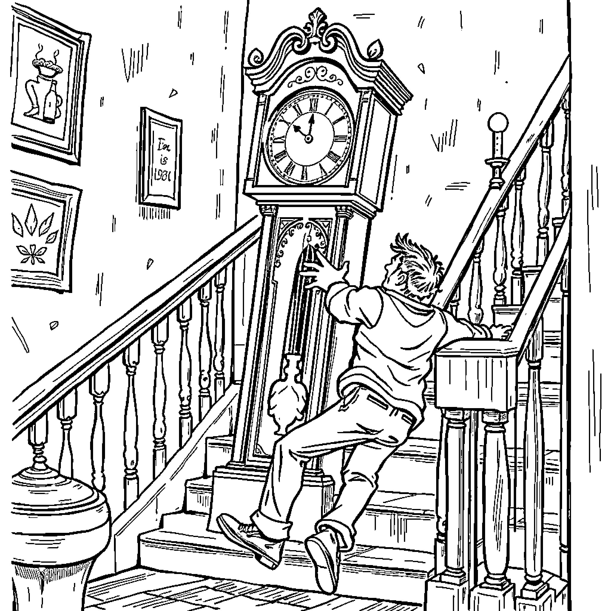 Friend playing with antique grandfather clock on staircase Coloring Page (free black-and-white line drawing printable PDF for all, from beginners to advanced learners, including children, teens, adults, and seniors)