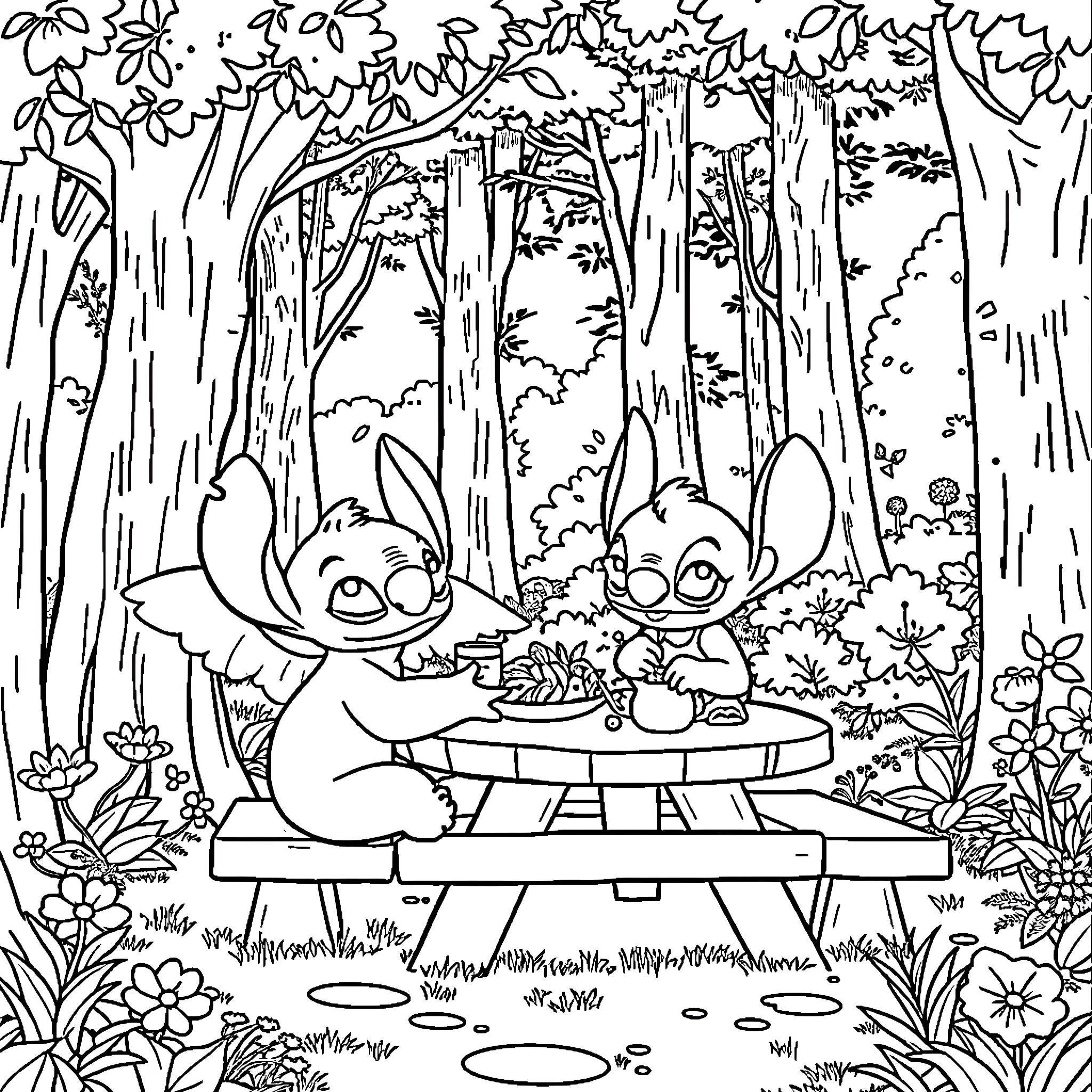 Angel Stitch and Angel Lilo Sharing a Picnic in the Forest Coloring Page (free black-and-white line drawing printable PDF for all, from beginners to advanced learners, including children, teens, adults, and seniors)