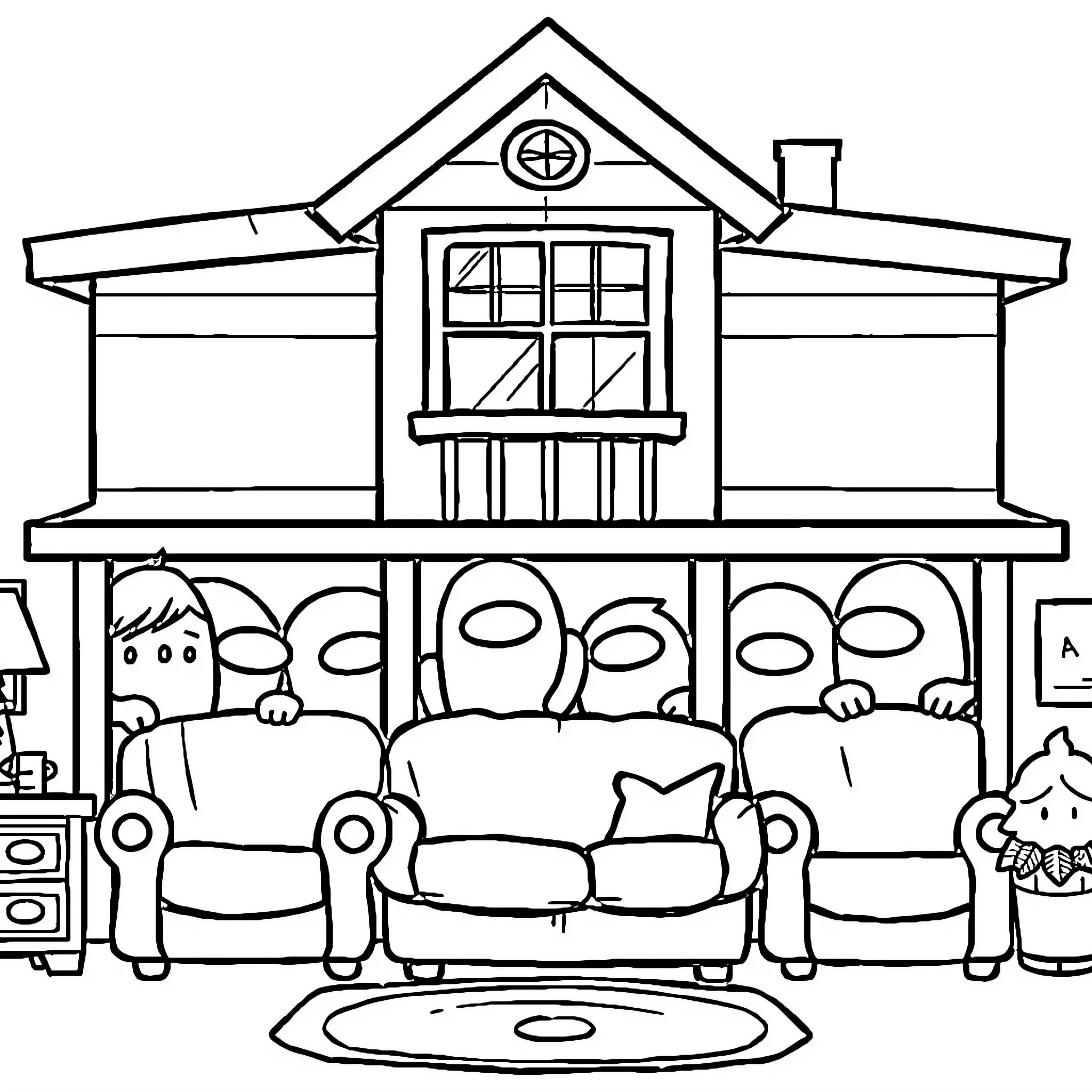 Among Us characters in a cozy living room Coloring Page (free black-and-white line drawing printable PDF for all, from beginners to advanced learners, including children, teens, adults, and seniors)