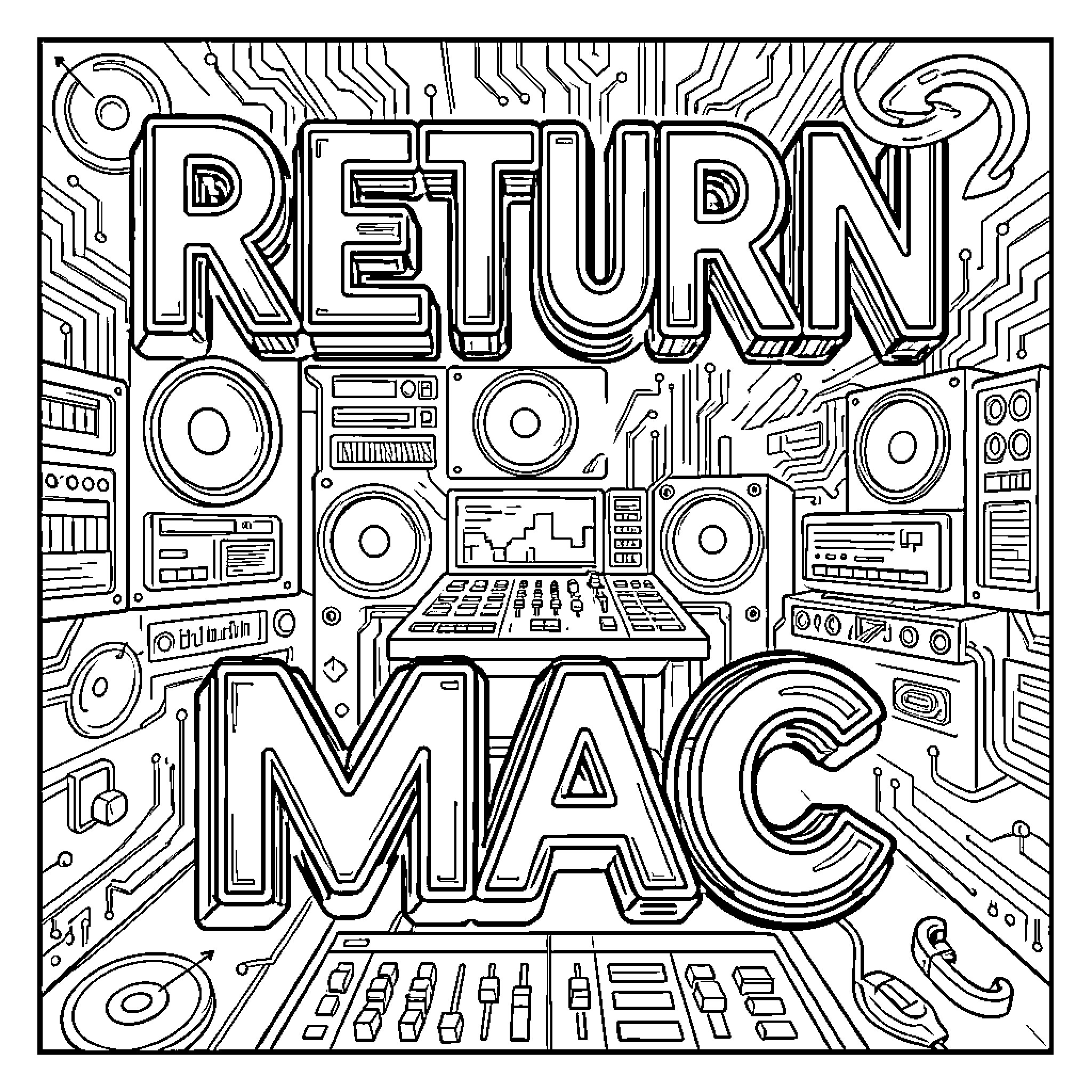 Mac surrounded by electronic audio equipment and circuits Coloring Page (free black-and-white line drawing printable PDF for all, from beginners to advanced learners, including children, teens, adults, and seniors)