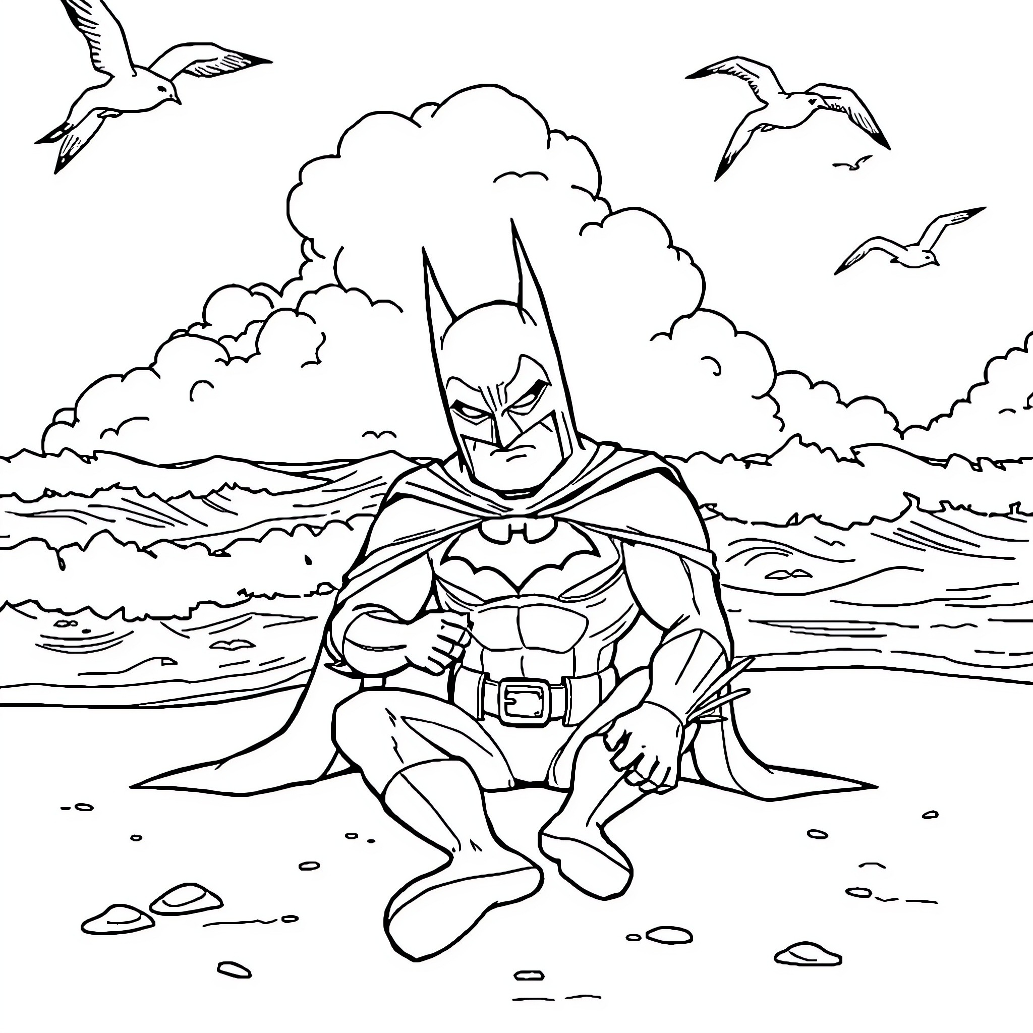 Batman exploring the beach landscape Coloring Page (free black-and-white line drawing printable PDF for all, from beginners to advanced learners, including children, teens, adults, and seniors)
