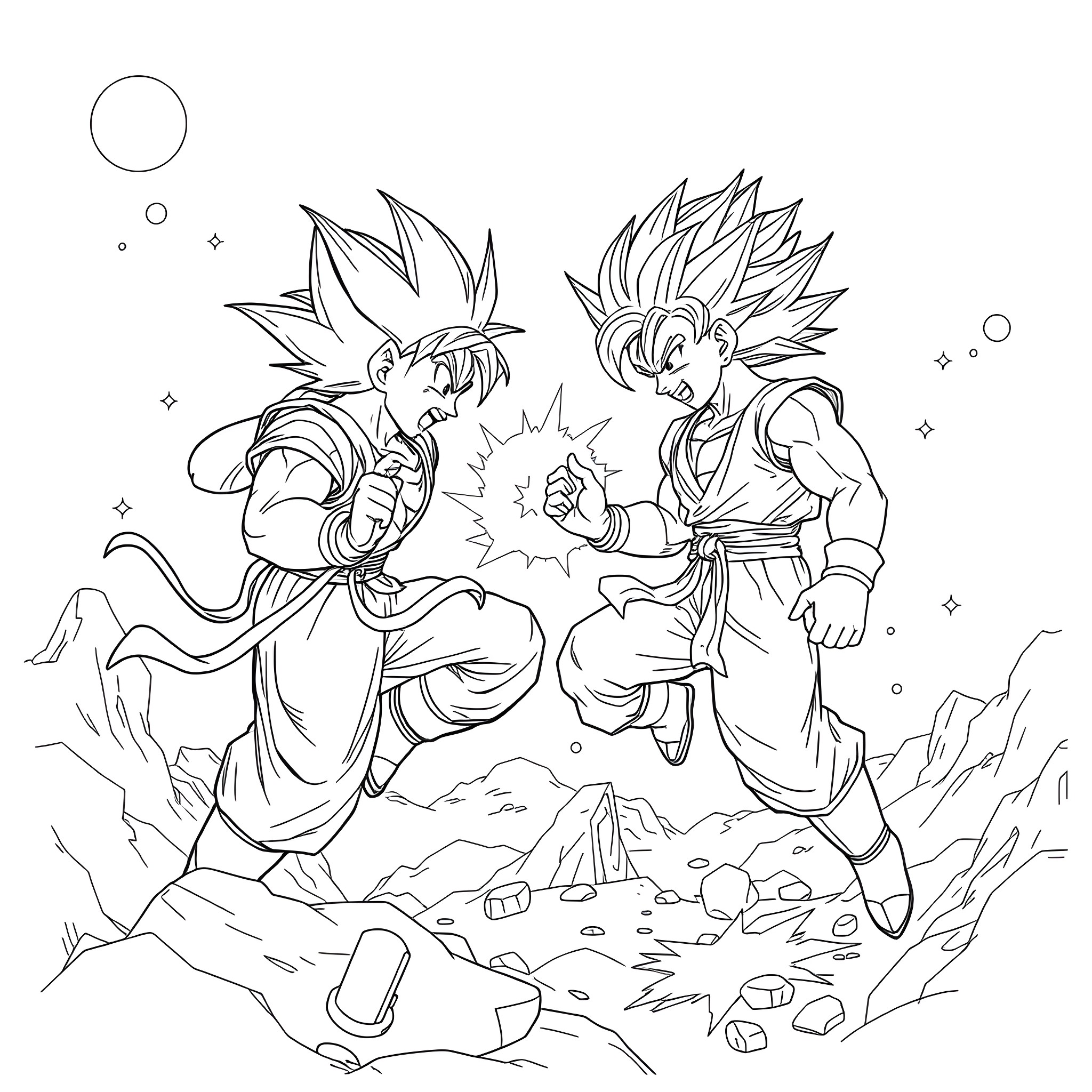 Goku and Vegeta engage in a fierce battle Coloring Page (free black-and-white line drawing printable PDF for all, from beginners to advanced learners, including children, teens, adults, and seniors)