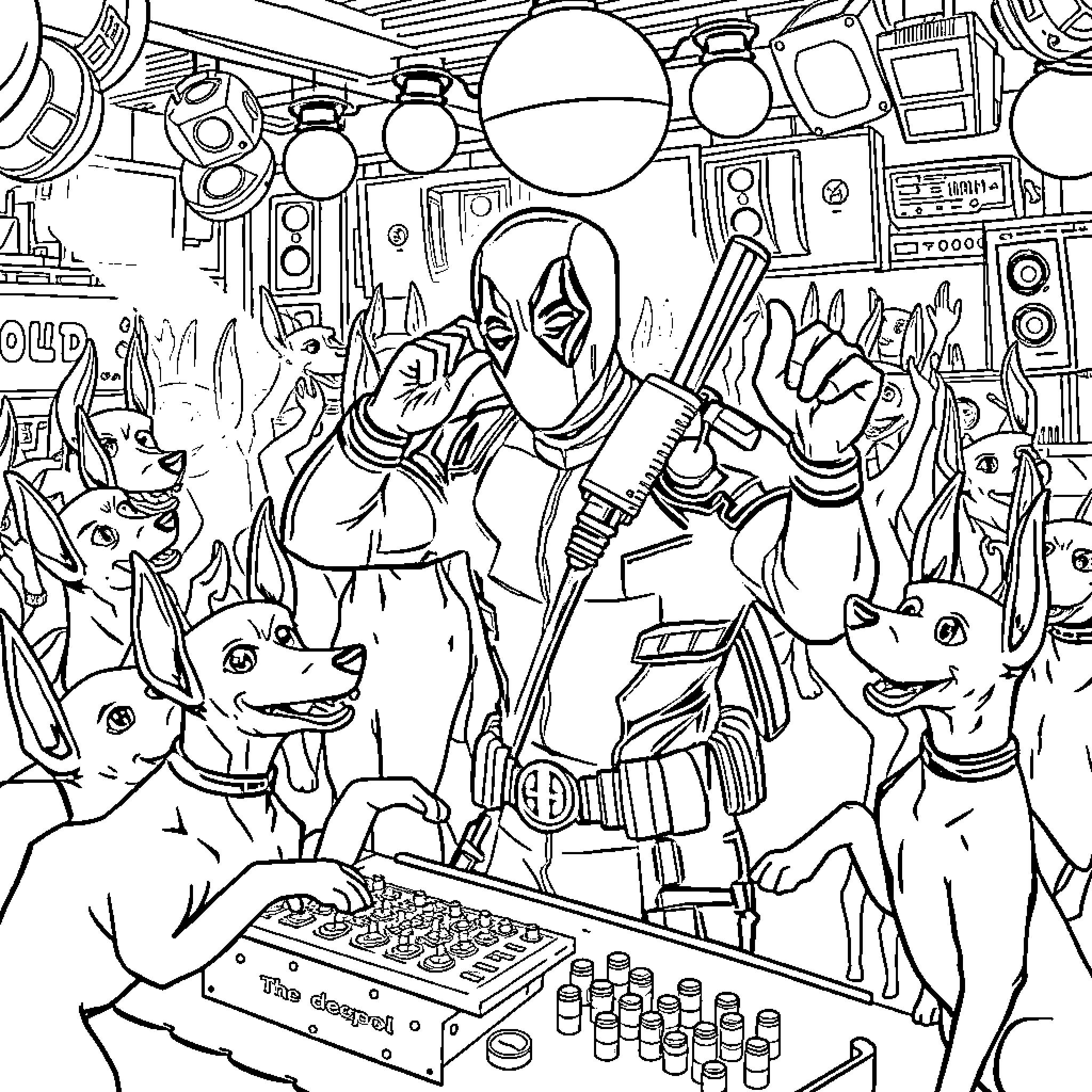 Deadpool's Chaotic Celebration in a Cluttered Workshop Coloring Page (free black-and-white line drawing printable PDF for all, from beginners to advanced learners, including children, teens, adults, and seniors)