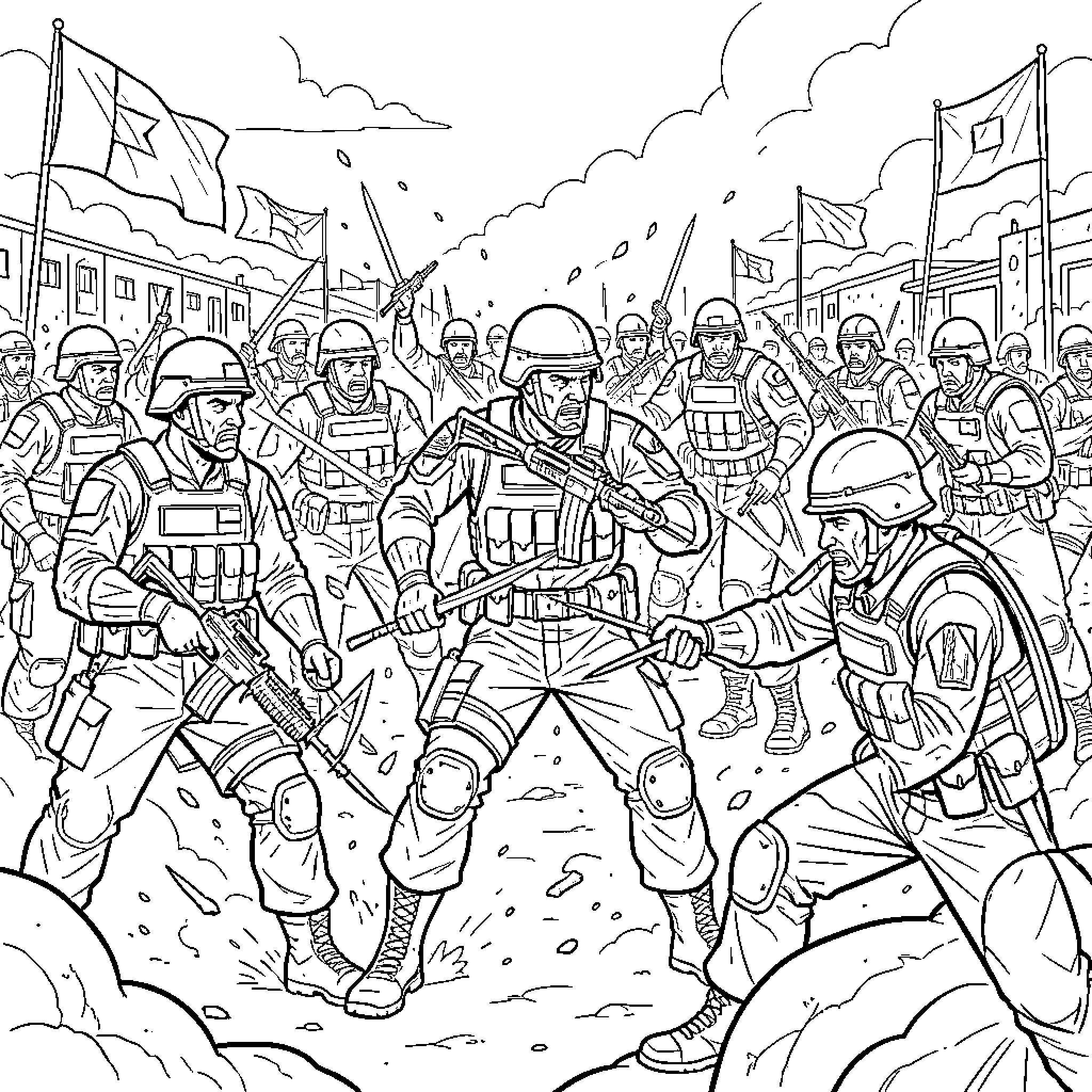 Emirate Soldiers in Battle Formation Coloring Page (free black-and-white line drawing printable PDF for all, from beginners to advanced learners, including children, teens, adults, and seniors)
