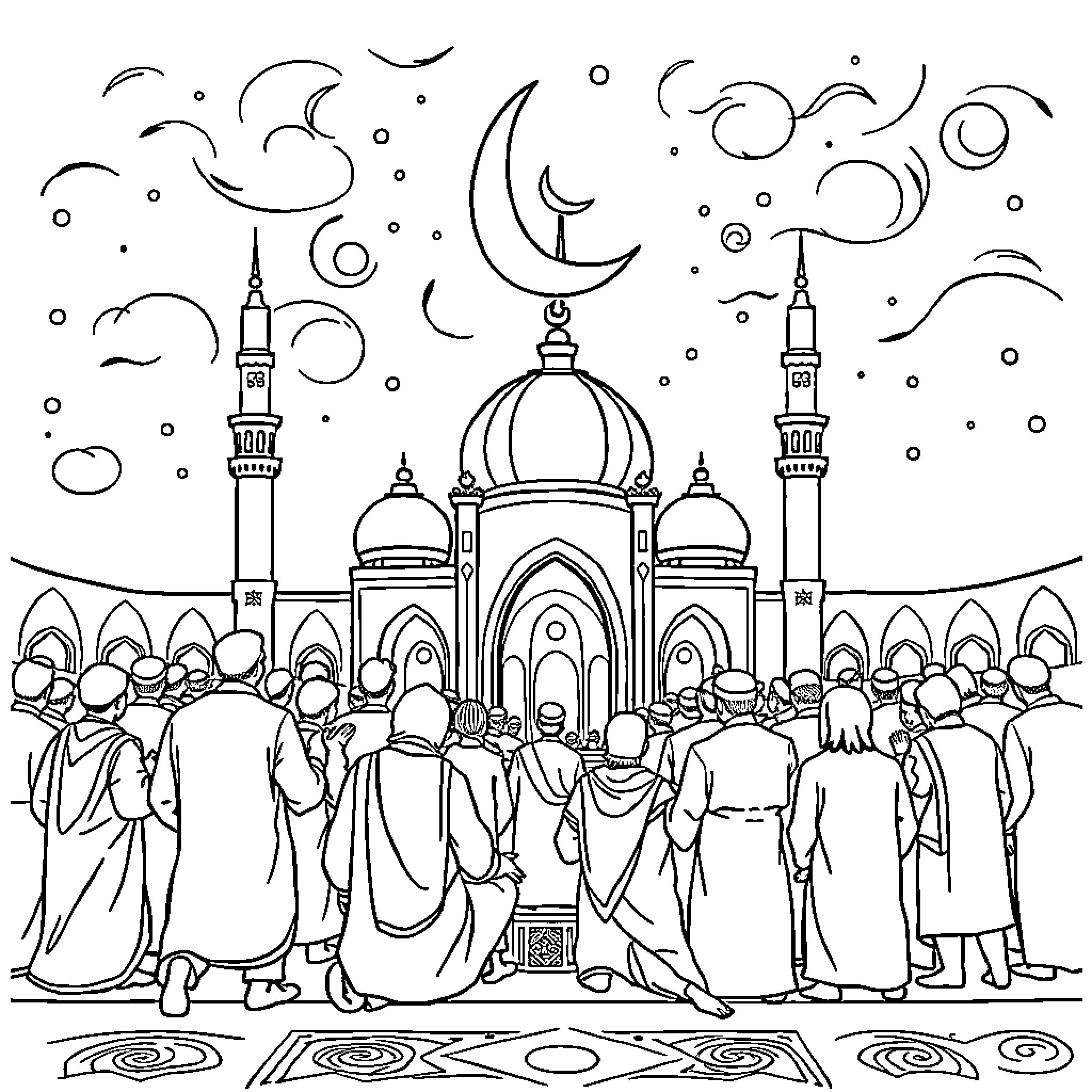 Islam Celebration with Mosque and Gathering Crowd Coloring Page (free black-and-white line drawing printable PDF for all, from beginners to advanced learners, including children, teens, adults, and seniors)