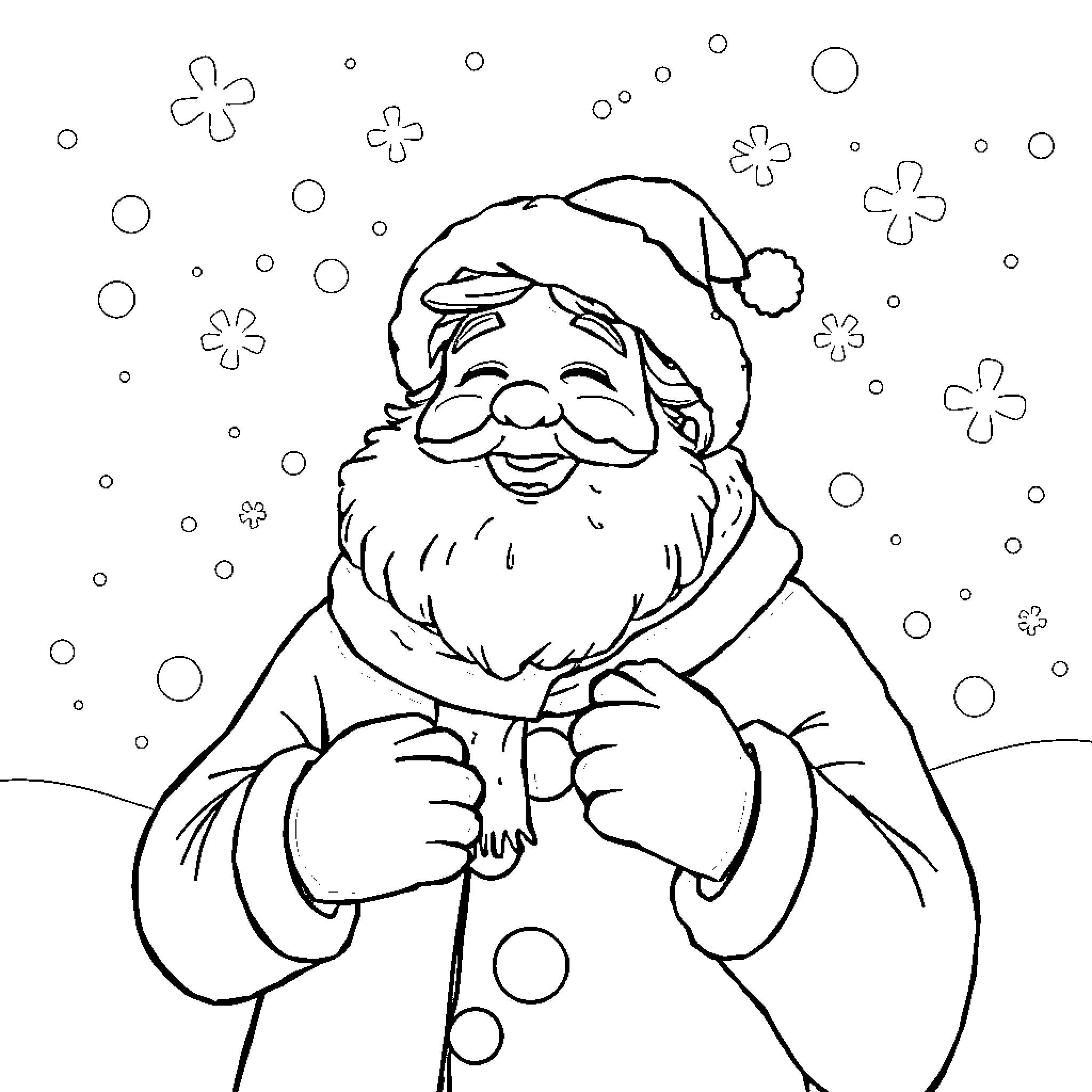 Albinus the Jolly Santa Claus in the Snow Coloring Page (free black-and-white line drawing printable PDF for all, from beginners to advanced learners, including children, teens, adults, and seniors)