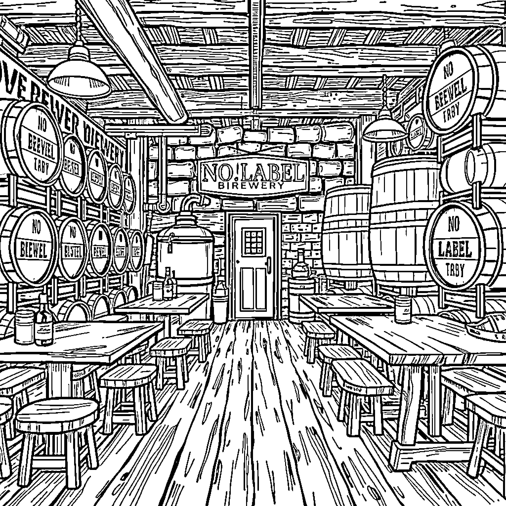 Brewery Interior with Signage and Equipment Coloring Page (free black-and-white line drawing printable PDF for all, from beginners to advanced learners, including children, teens, adults, and seniors)