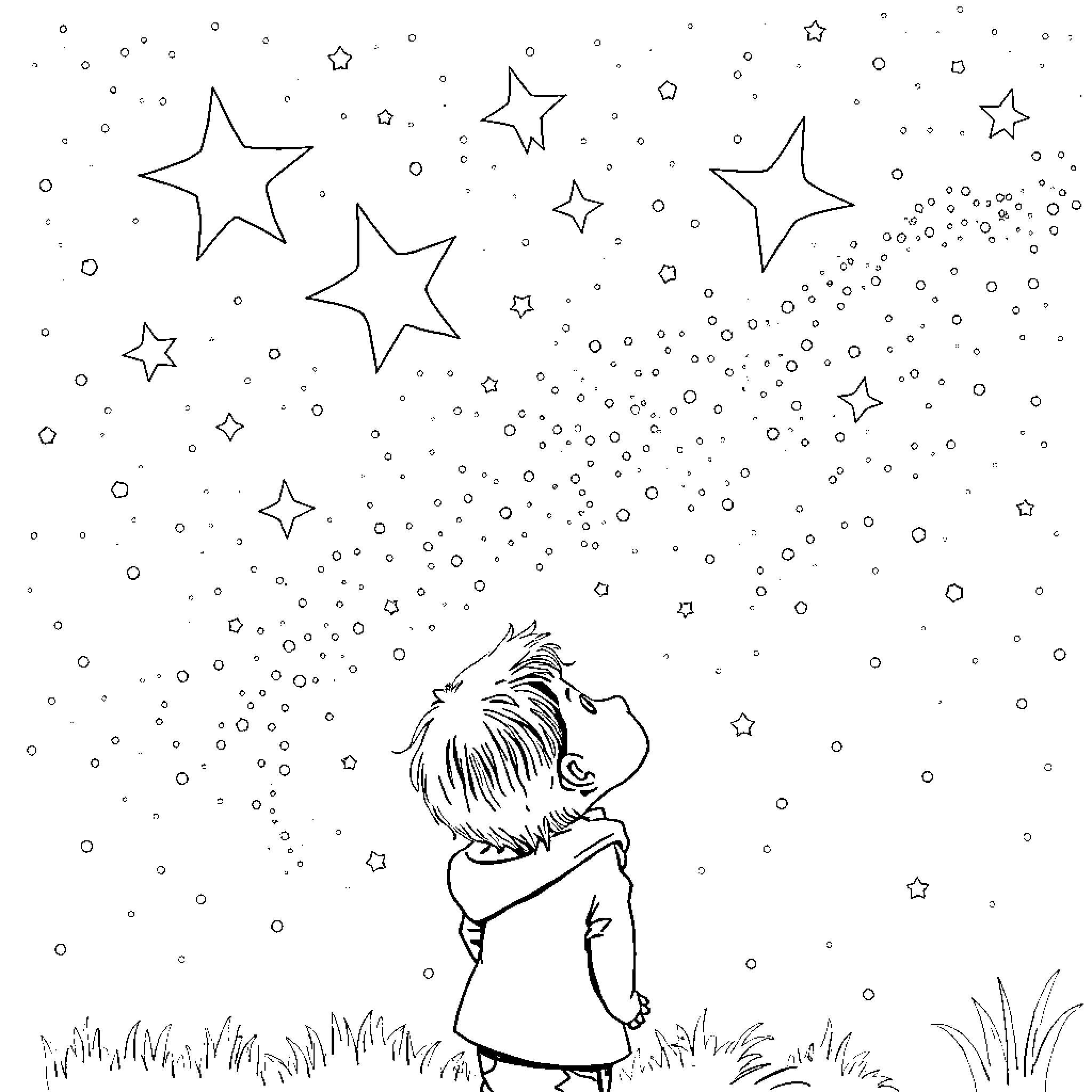 Star-Gazing Child Marveling at Celestial Wonders Coloring Page (free black-and-white line drawing printable PDF for all, from beginners to advanced learners, including children, teens, adults, and seniors)