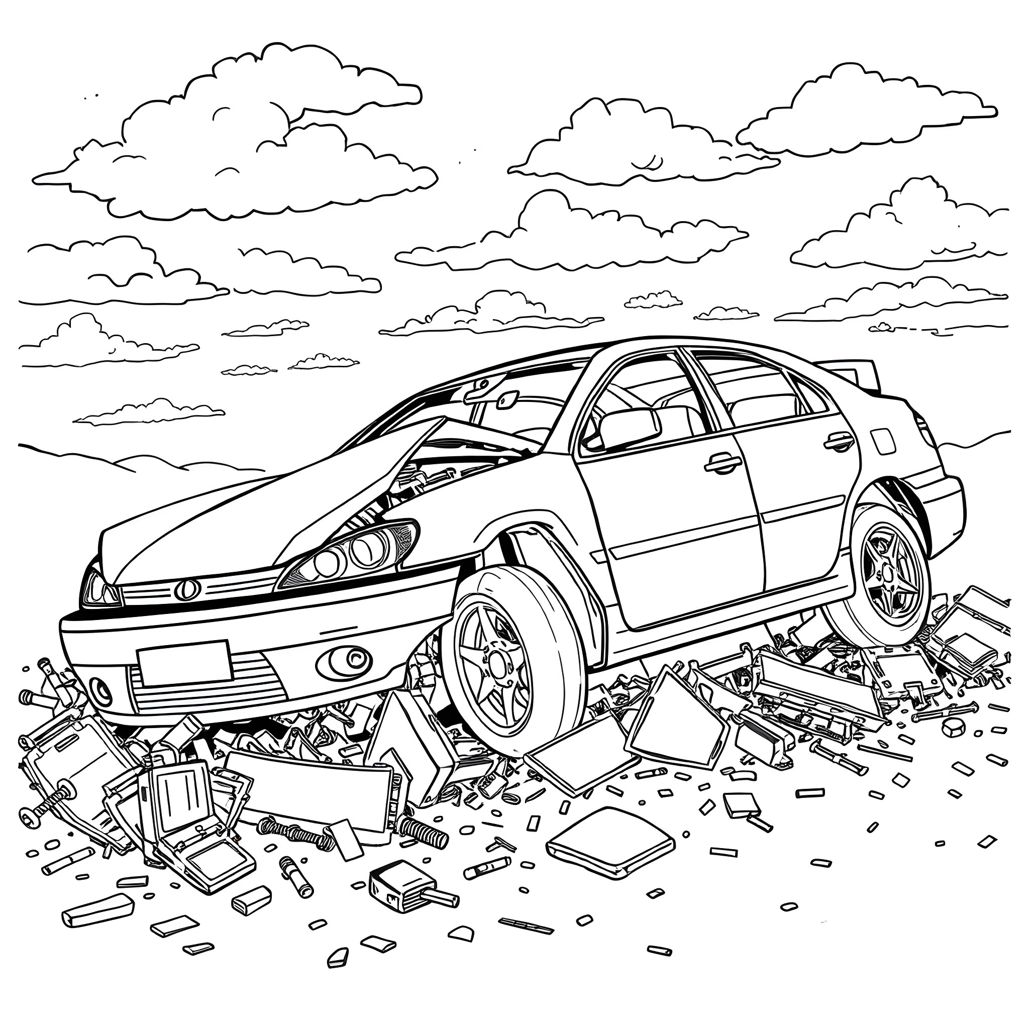 Car wrecked and damaged in the debris field Coloring Page (free black-and-white line drawing printable PDF for all, from beginners to advanced learners, including children, teens, adults, and seniors)
