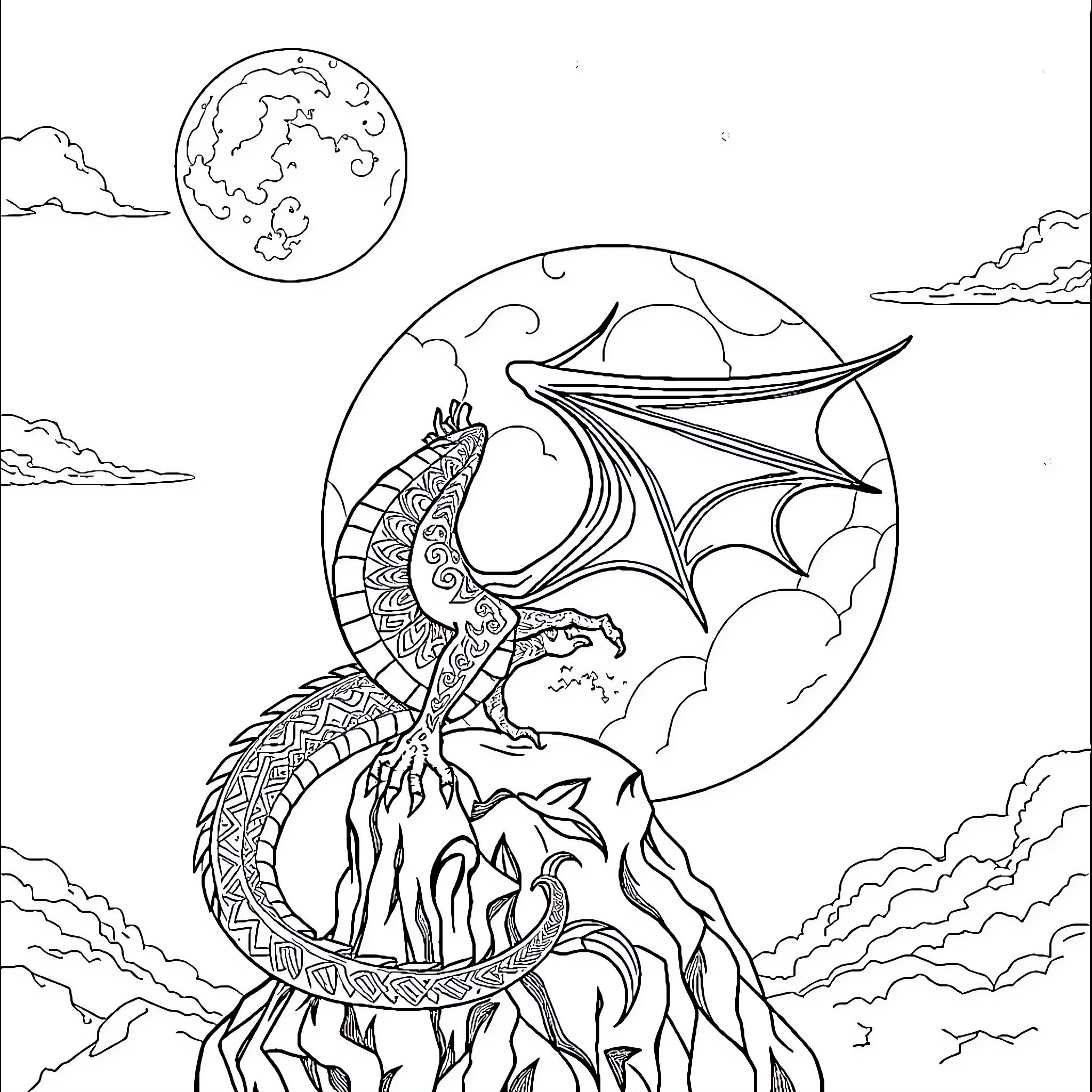 Dragon guarding its mountain lair under the moonlight Coloring Page (free black-and-white line drawing printable PDF for all, from beginners to advanced learners, including children, teens, adults, and seniors)