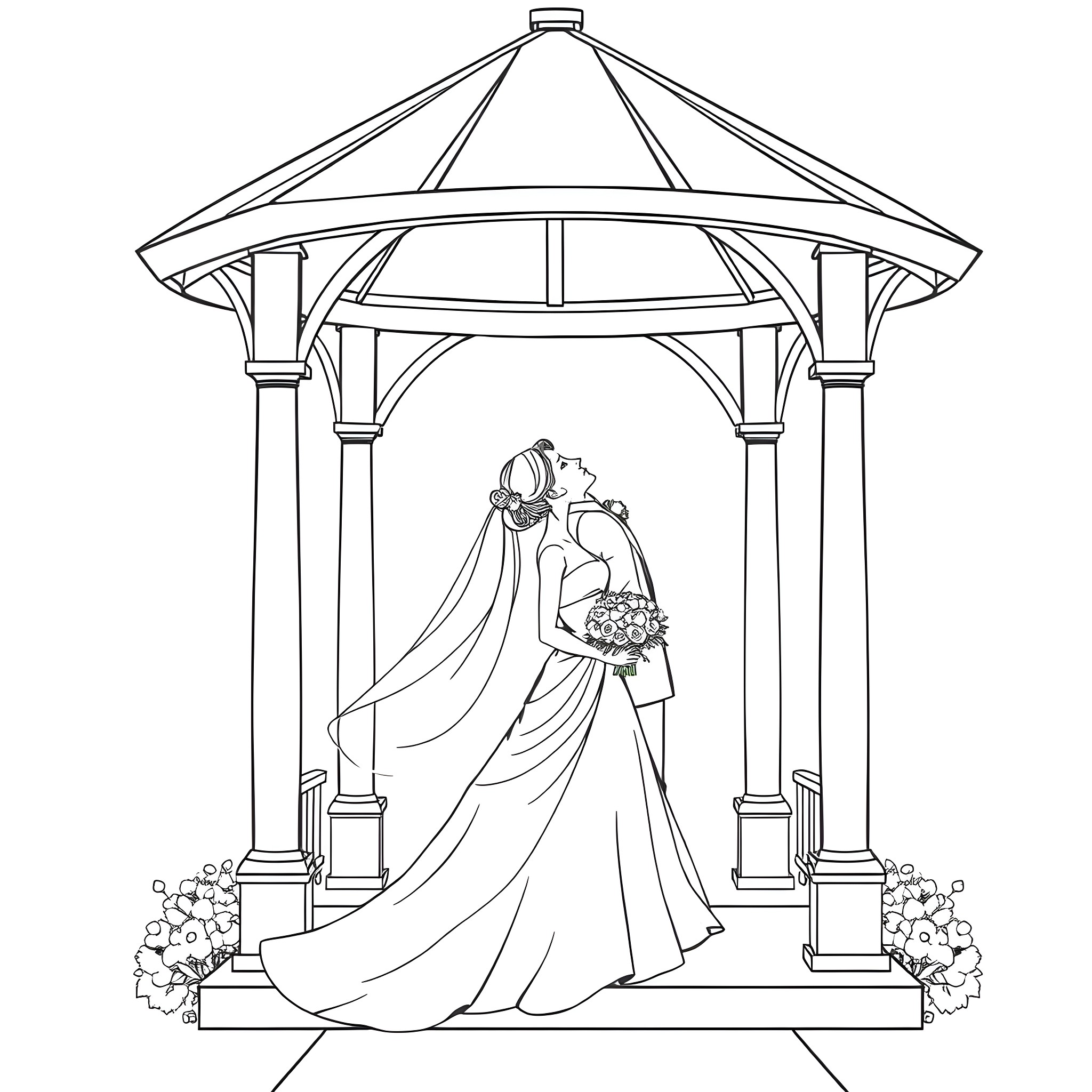 Bride and groom exchanging vows under a gazebo Coloring Page (free black-and-white line drawing printable PDF for all, from beginners to advanced learners, including children, teens, adults, and seniors)
